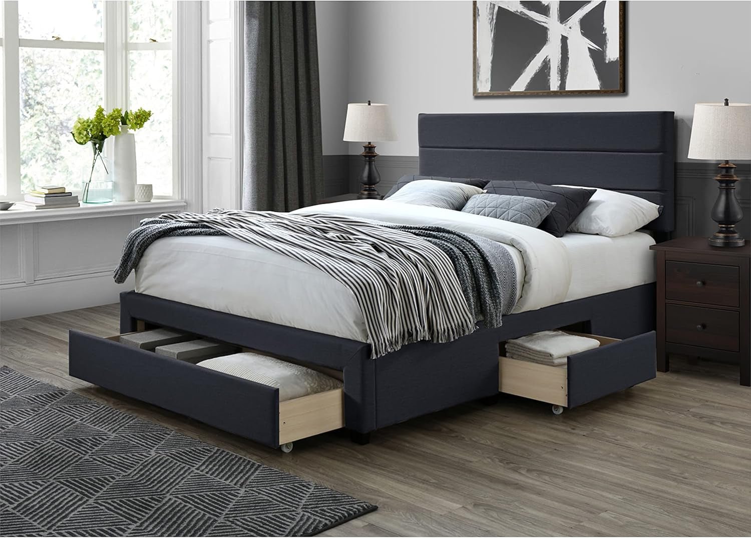 DG Casa Flynn Bed Frame Queen Size Bed Frame - Charcoal Fabric Panel Bed Frame with Storage Drawers - Love All Things Home
