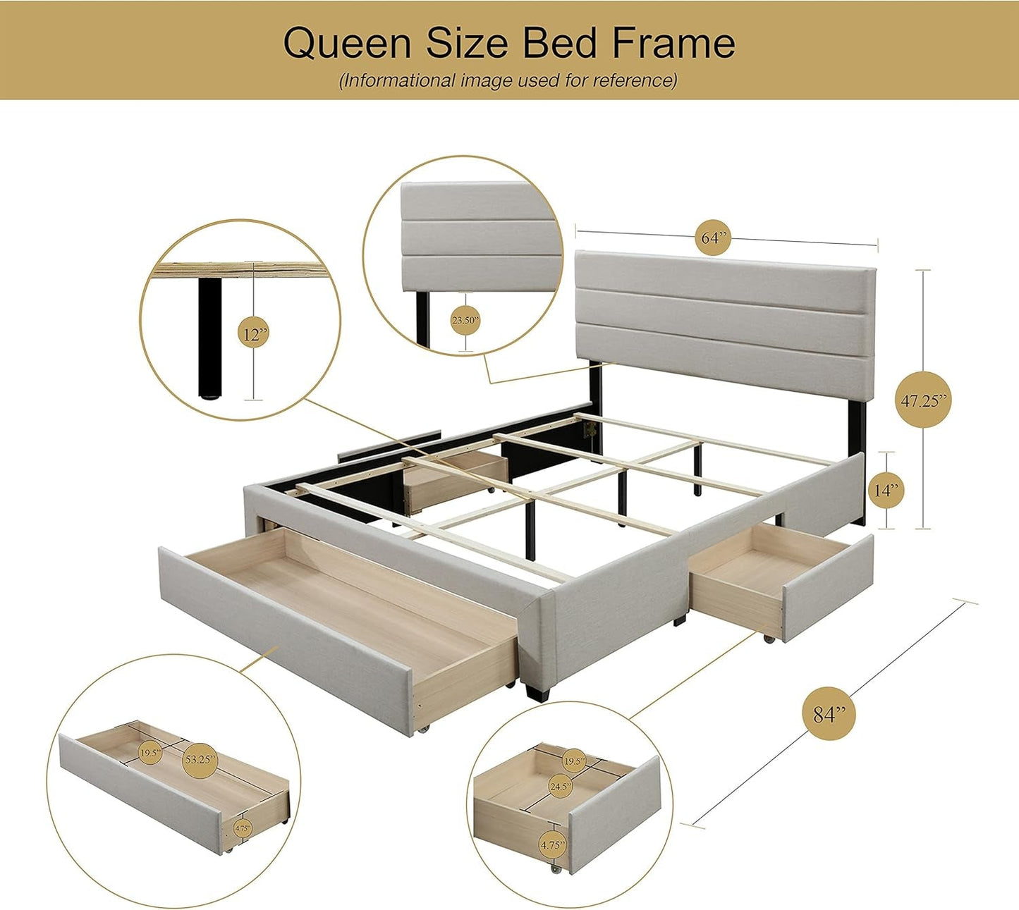 DG Casa Flynn Bed Frame Queen Size Bed Frame - Charcoal Fabric Panel Bed Frame with Storage Drawers - Love All Things Home