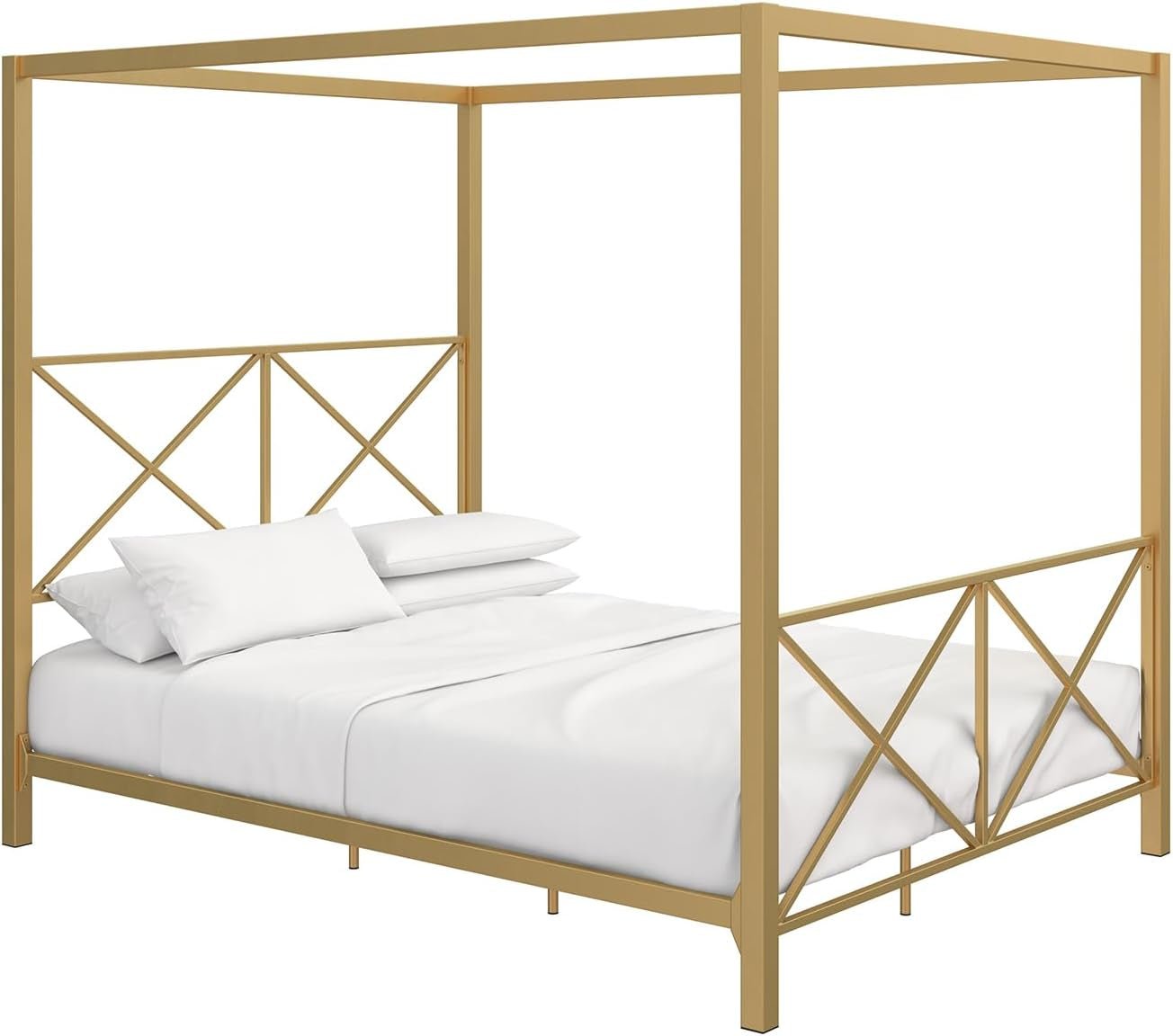 DHP Rosedale Metal Canopy Bed Frame with Poster Design and Geometric Accented, Queen, Gold