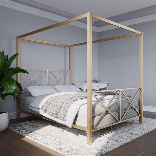 DHP Rosedale Metal Canopy Bed Frame with Poster Design and Geometric Accented, Queen, Gold