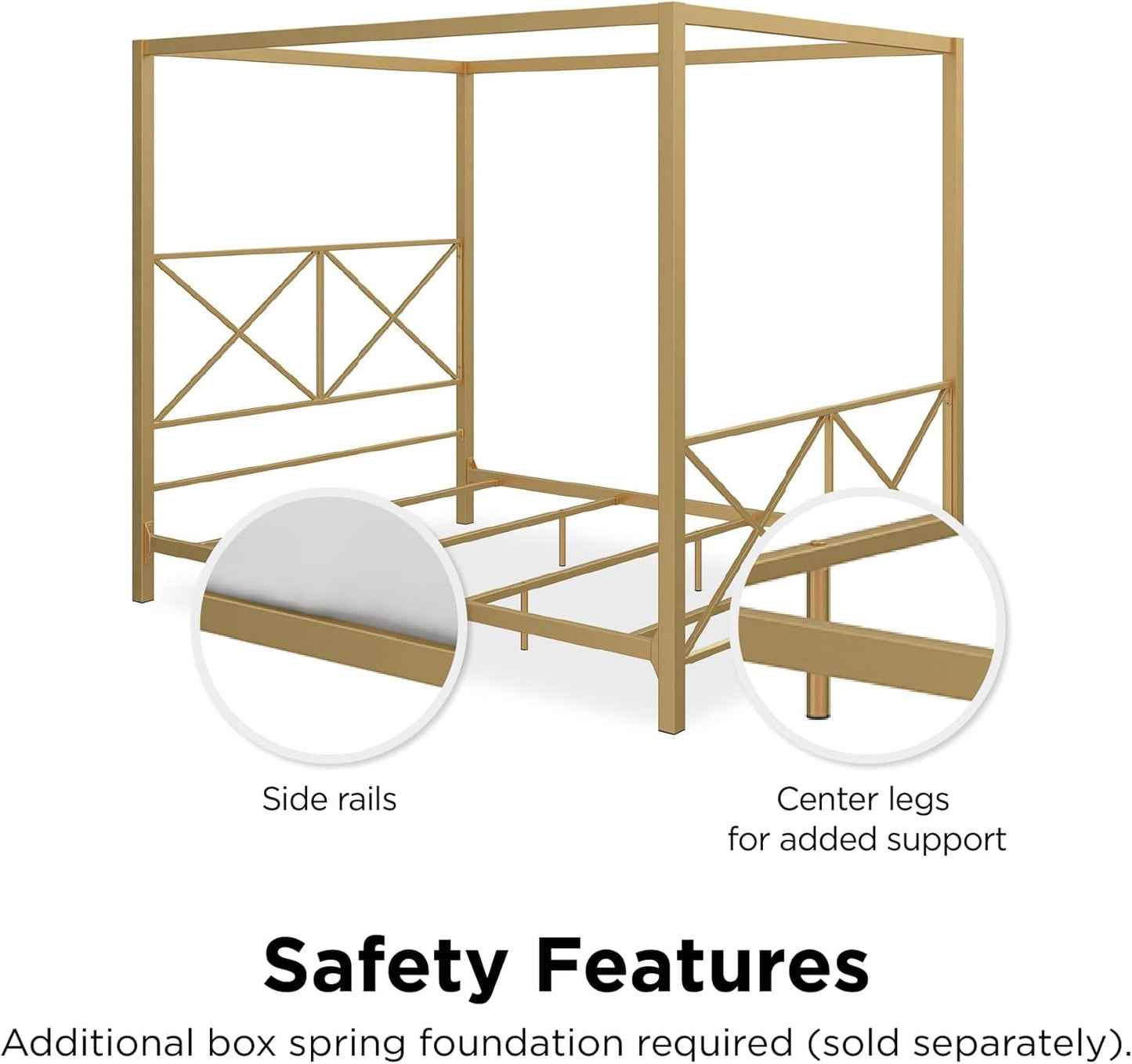DHP Rosedale Metal Canopy Bed Frame with Poster Design and Geometric Accented, Queen, Gold