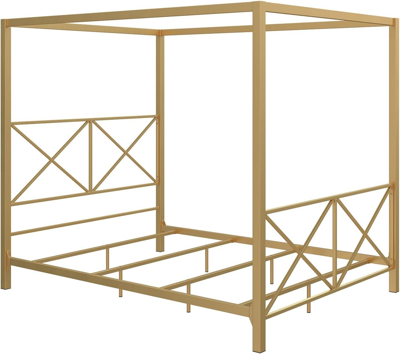DHP Rosedale Metal Canopy Bed Frame with Poster Design and Geometric Accented, Queen, Gold