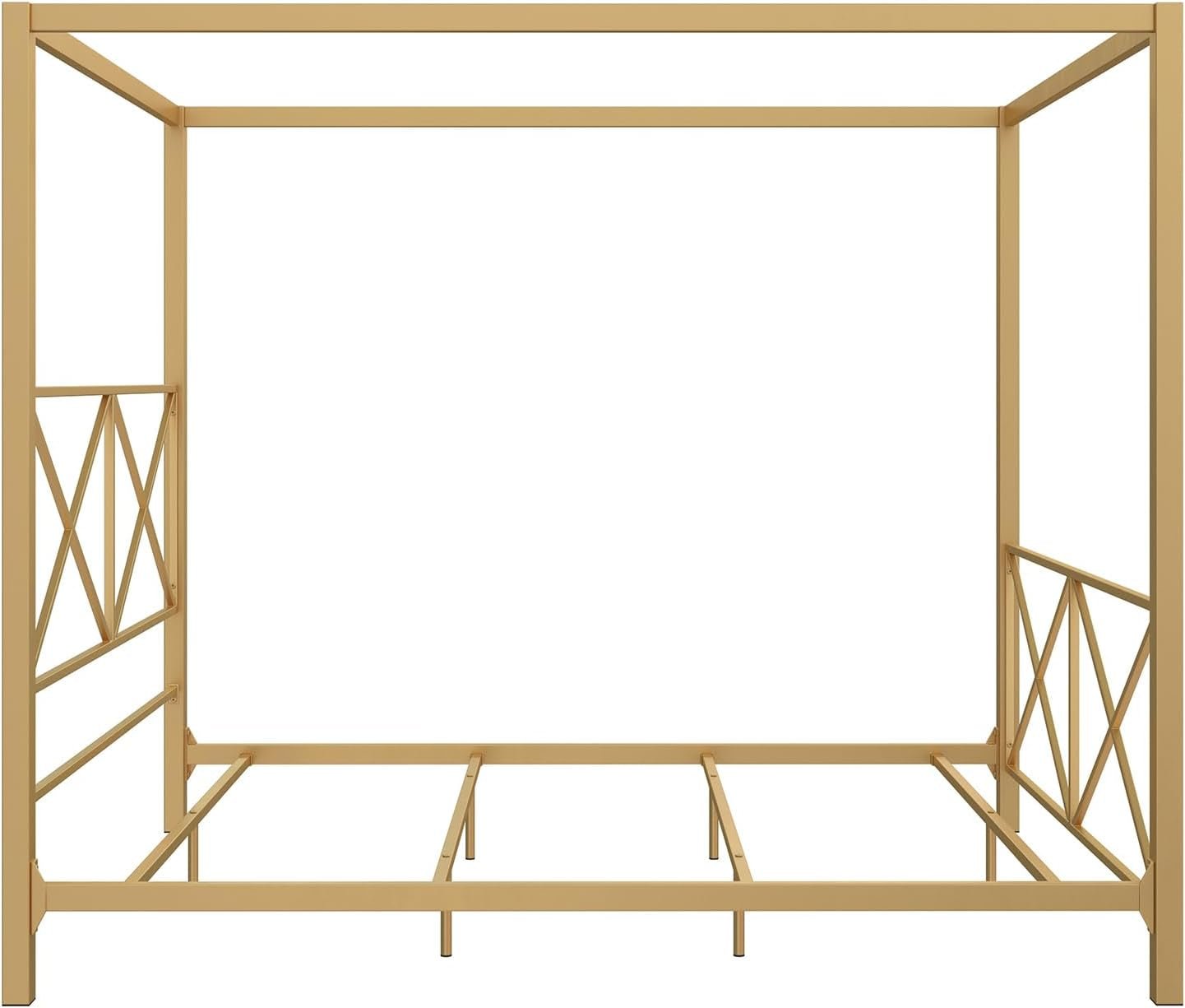 DHP Rosedale Metal Canopy Bed Frame with Poster Design and Geometric Accented, Queen, Gold