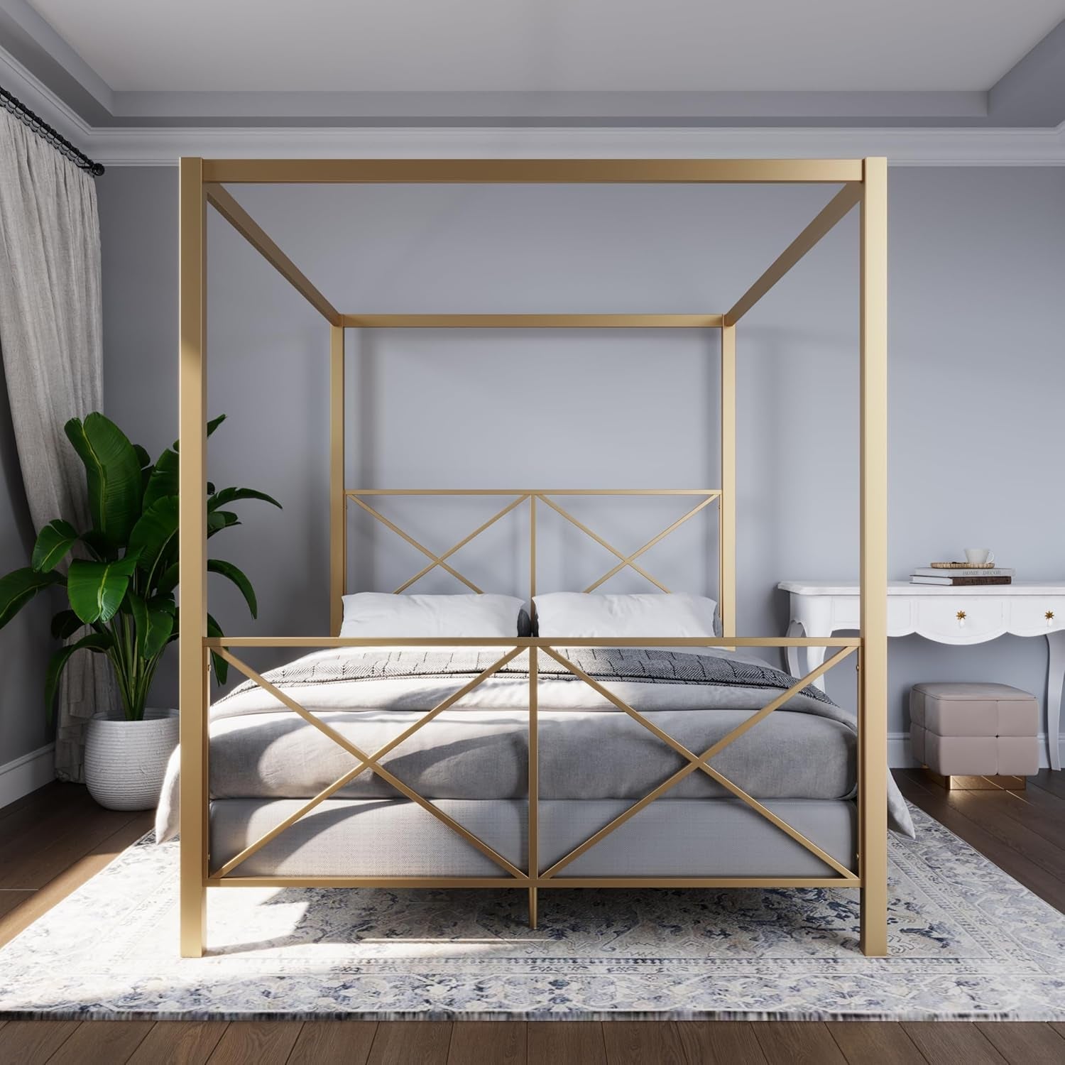 DHP Rosedale Metal Canopy Bed Frame with Poster Design and Geometric Accented, Queen, Gold