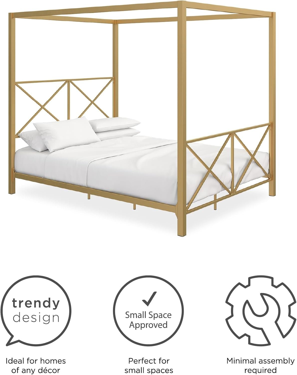 DHP Rosedale Metal Canopy Bed Frame with Poster Design and Geometric Accented, Queen, Gold
