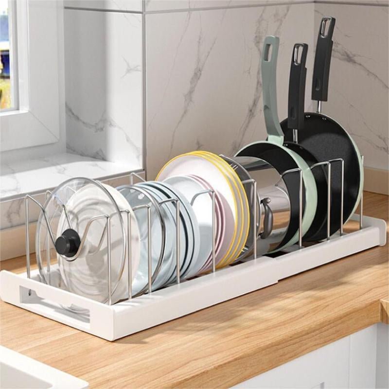 Expandable Pot and Pan Organizer Rack for Cabinet, Pot Lid Organizer Holder with 7 Stainless Steel Adjustable Dividers – Durable Rust - Resistant Storage for Cookware, Bakeware, Small Kitchen, Apartment & RV Organization，Kitchen Accessories - Love All Things Home