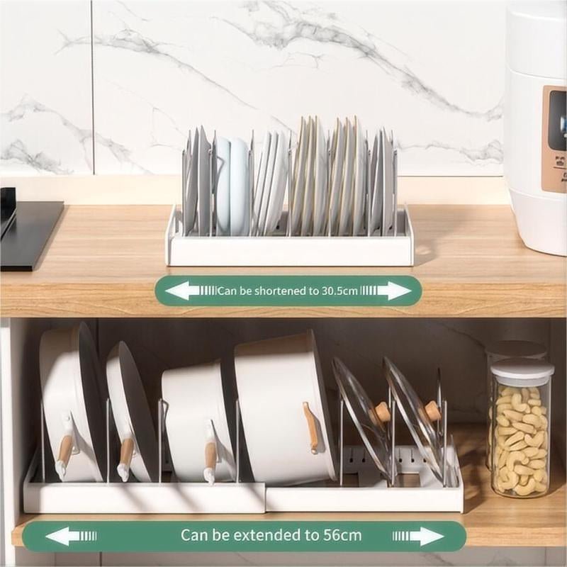 Expandable Pot and Pan Organizer Rack for Cabinet, Pot Lid Organizer Holder with 7 Stainless Steel Adjustable Dividers – Durable Rust - Resistant Storage for Cookware, Bakeware, Small Kitchen, Apartment & RV Organization，Kitchen Accessories - Love All Things Home