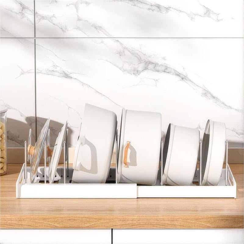 Expandable Pot and Pan Organizer Rack for Cabinet, Pot Lid Organizer Holder with 7 Stainless Steel Adjustable Dividers – Durable Rust - Resistant Storage for Cookware, Bakeware, Small Kitchen, Apartment & RV Organization，Kitchen Accessories - Love All Things Home
