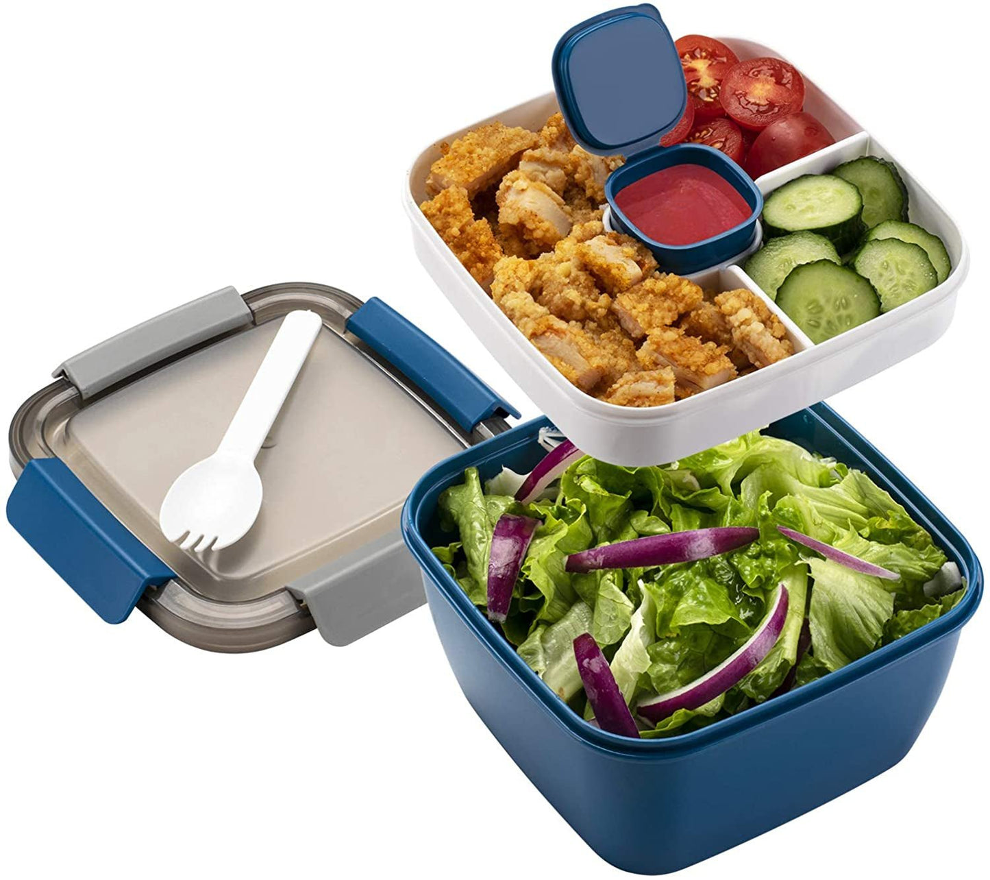 Freshmage Salad Lunch Container to Go, 52 - Oz Salad Bowls with 3 Compartments, Salad Dressings Container for Salad Toppings, Snacks, Men, Women (Blue) - Love All Things Home
