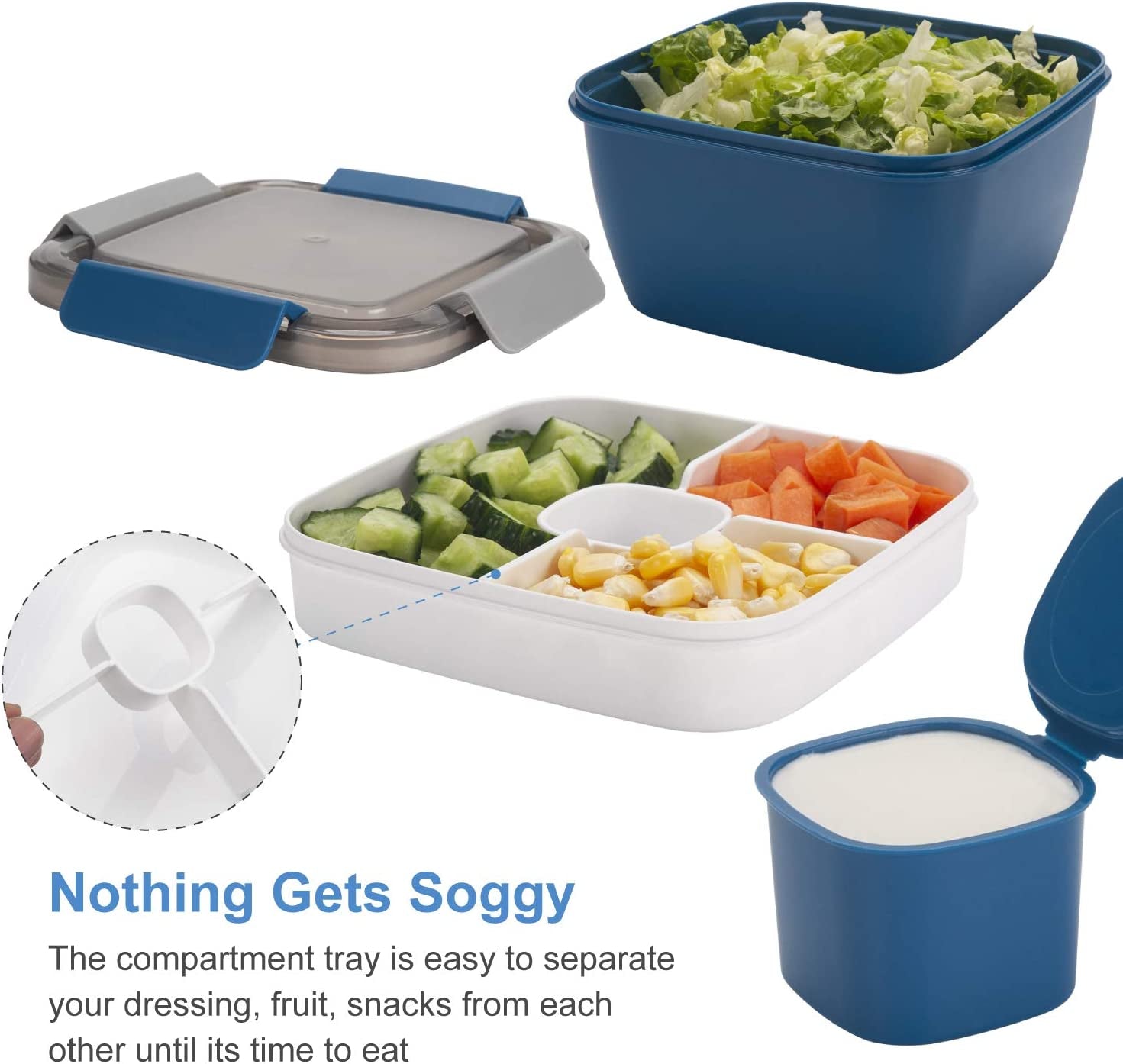 Freshmage Salad Lunch Container to Go, 52 - Oz Salad Bowls with 3 Compartments, Salad Dressings Container for Salad Toppings, Snacks, Men, Women (Blue) - Love All Things Home