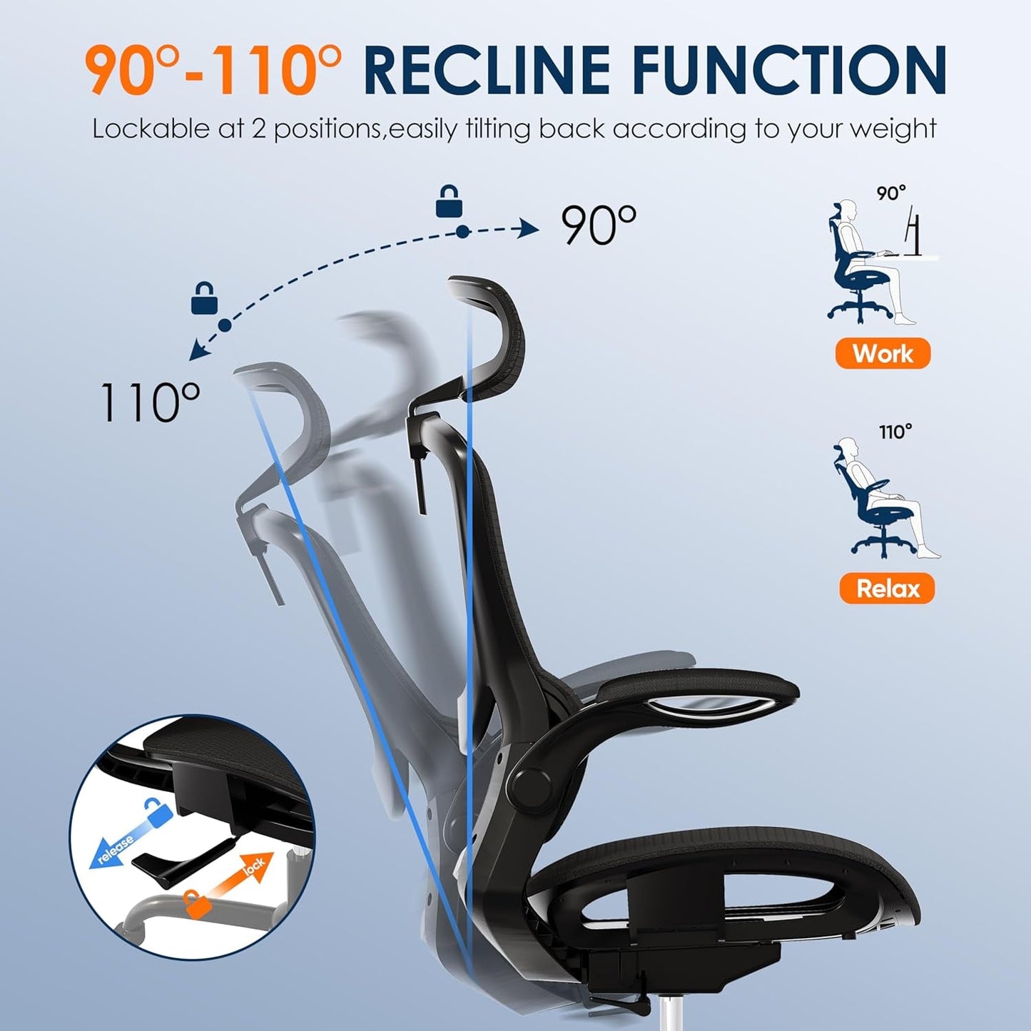 GABRYLLY Ergonomic Mesh Office Chair, Adjustable Home Desk Chair with Folding Armrest, 2D Headrest, Soft Seat and PU Wheel, Black Swivel Task Chair for Office, Business, Student (GY1108) - Love All Things Home