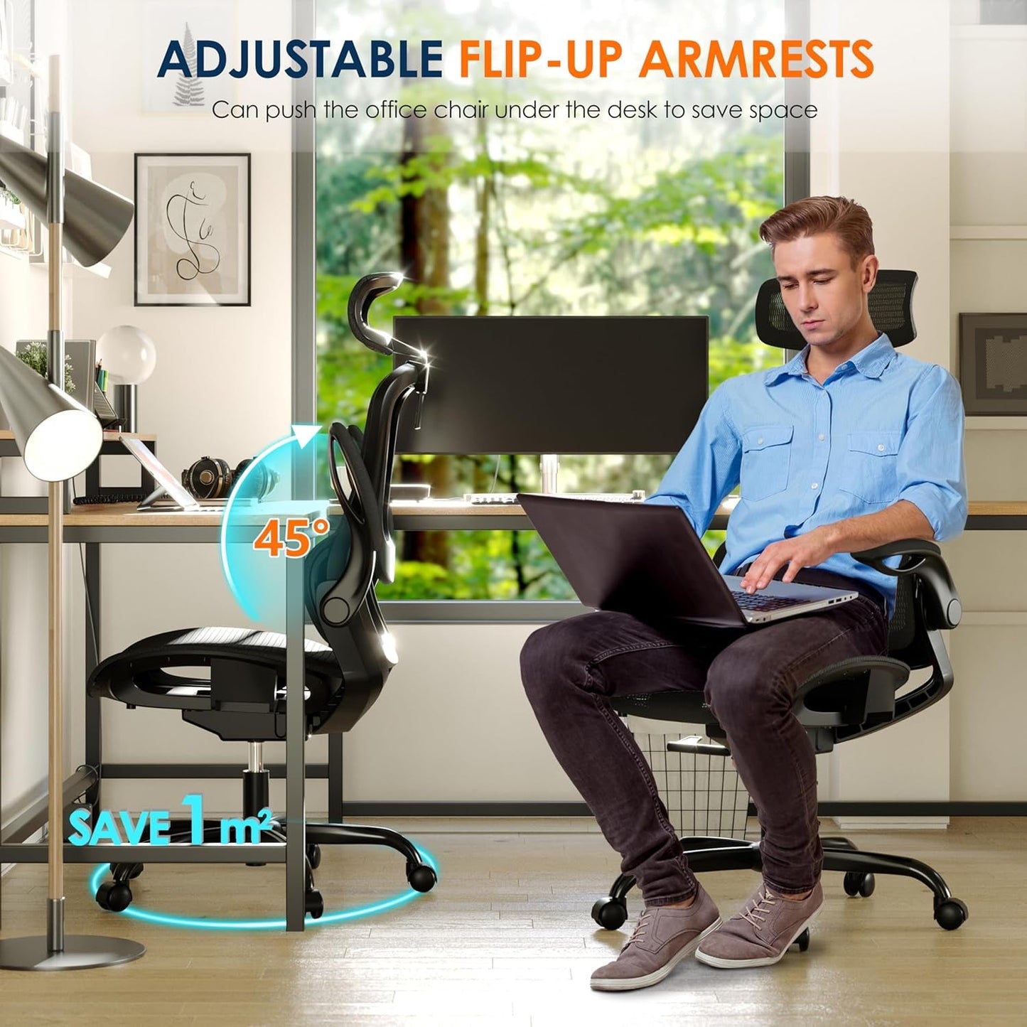 GABRYLLY Ergonomic Mesh Office Chair, Adjustable Home Desk Chair with Folding Armrest, 2D Headrest, Soft Seat and PU Wheel, Black Swivel Task Chair for Office, Business, Student (GY1108) - Love All Things Home