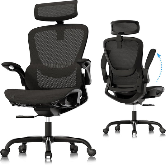 GABRYLLY Ergonomic Mesh Office Chair, Adjustable Home Desk Chair with Folding Armrest, 2D Headrest, Soft Seat and PU Wheel, Black Swivel Task Chair for Office, Business, Student (GY1108) - Love All Things Home