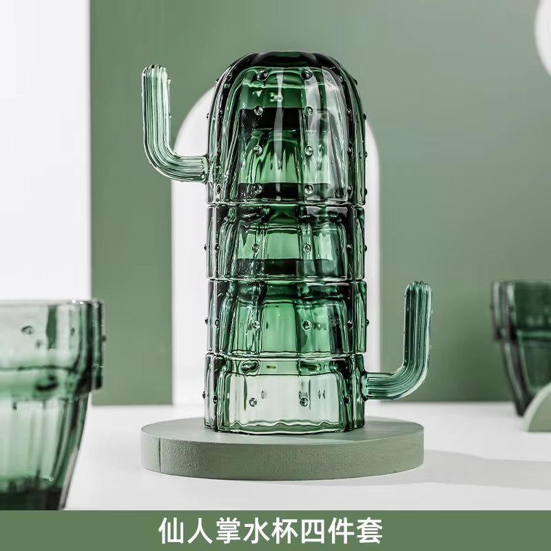 Green Cactus Glass Mug Set Stackable Cup Set Water Cups Afternoon Teacup Fruit Teacup Drinkware Glass Set Drink Cup Juice Cups - Love All Things Home