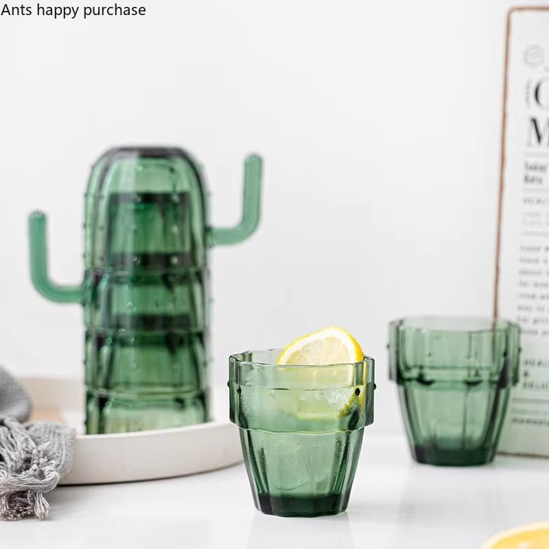 Green Cactus Glass Mug Set Stackable Cup Set Water Cups Afternoon Teacup Fruit Teacup Drinkware Glass Set Drink Cup Juice Cups - Love All Things Home