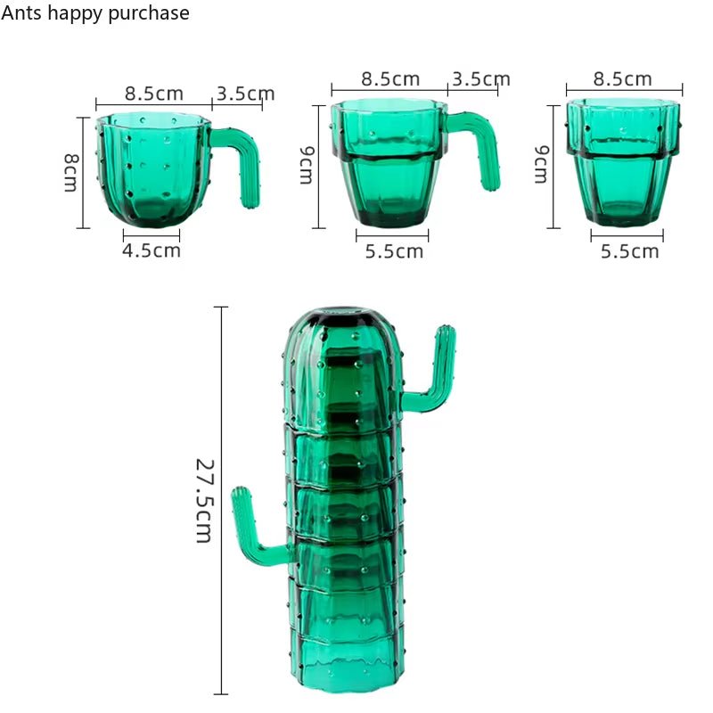 Green Cactus Glass Mug Set Stackable Cup Set Water Cups Afternoon Teacup Fruit Teacup Drinkware Glass Set Drink Cup Juice Cups - Love All Things Home