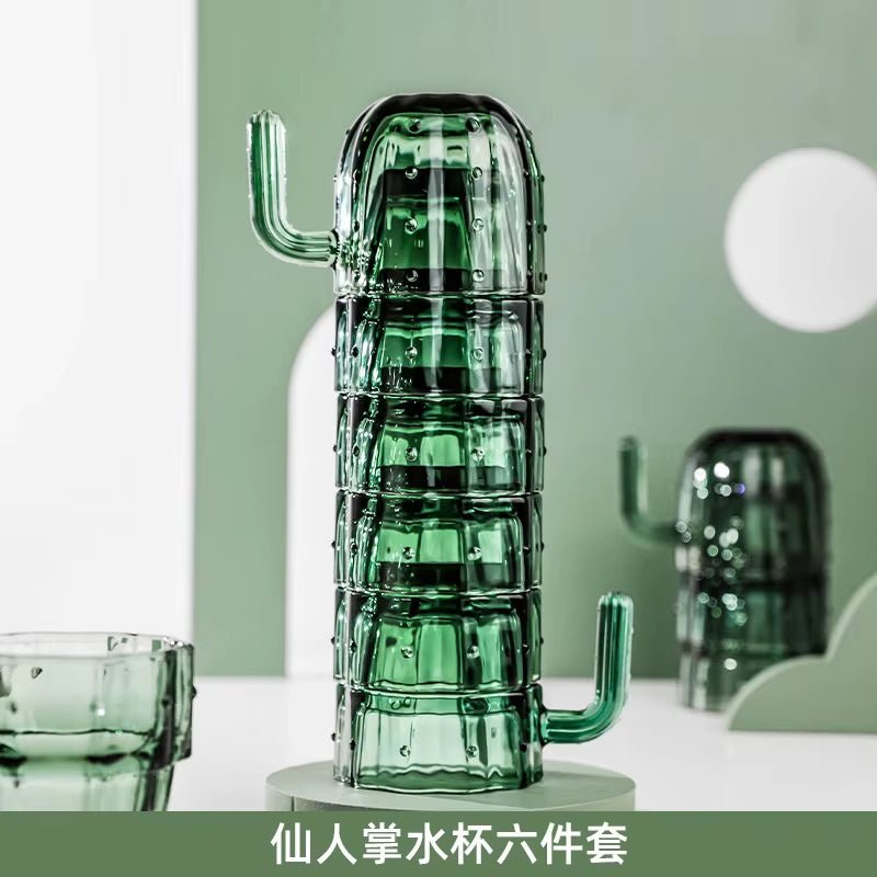 Green Cactus Glass Mug Set Stackable Cup Set Water Cups Afternoon Teacup Fruit Teacup Drinkware Glass Set Drink Cup Juice Cups - Love All Things Home