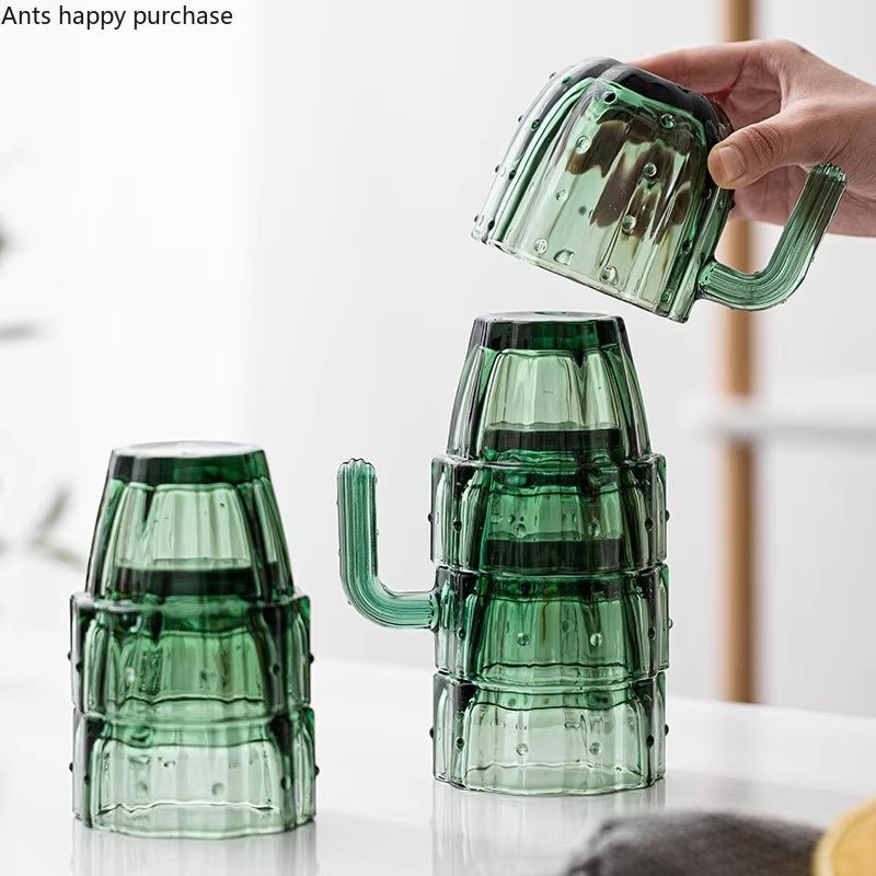 Green Cactus Glass Mug Set Stackable Cup Set Water Cups Afternoon Teacup Fruit Teacup Drinkware Glass Set Drink Cup Juice Cups - Love All Things Home