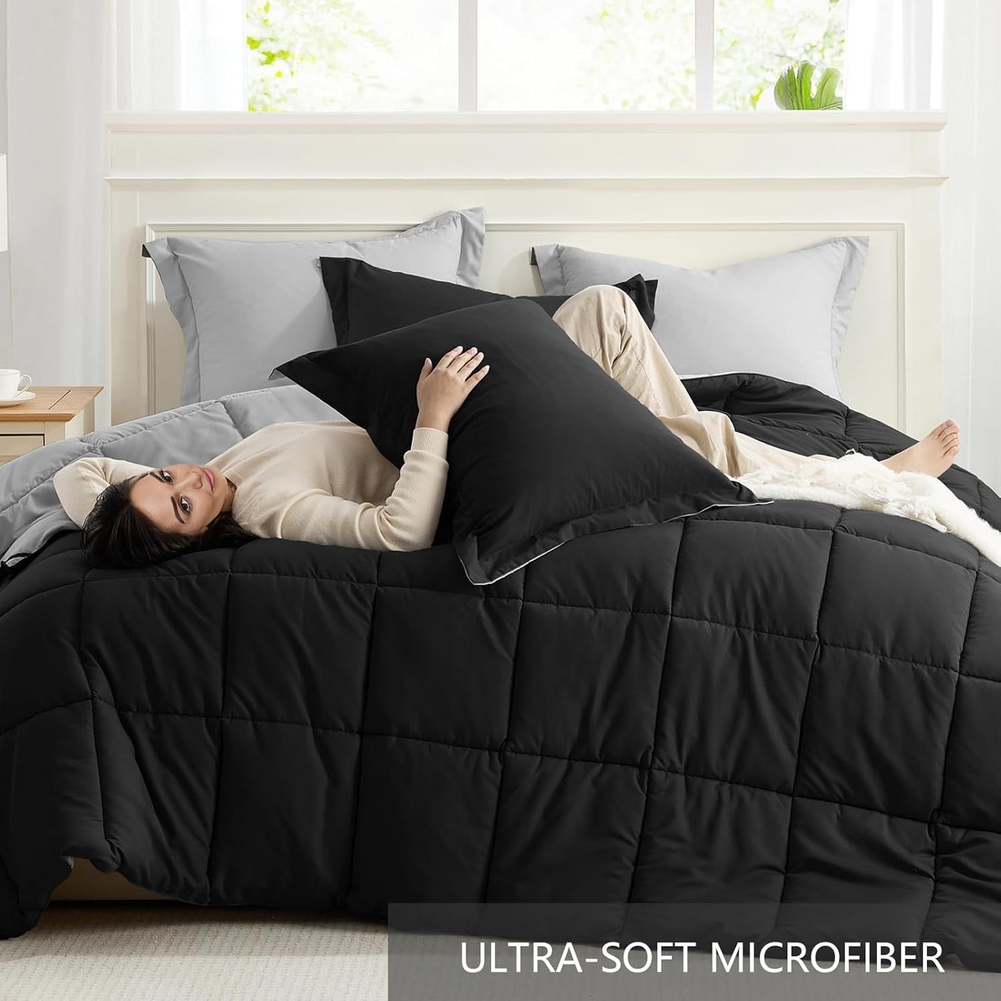 Homelike Moment King Size Comforter Set-Black, 3 Piece Sets with 2 Sham Black/Light Grey