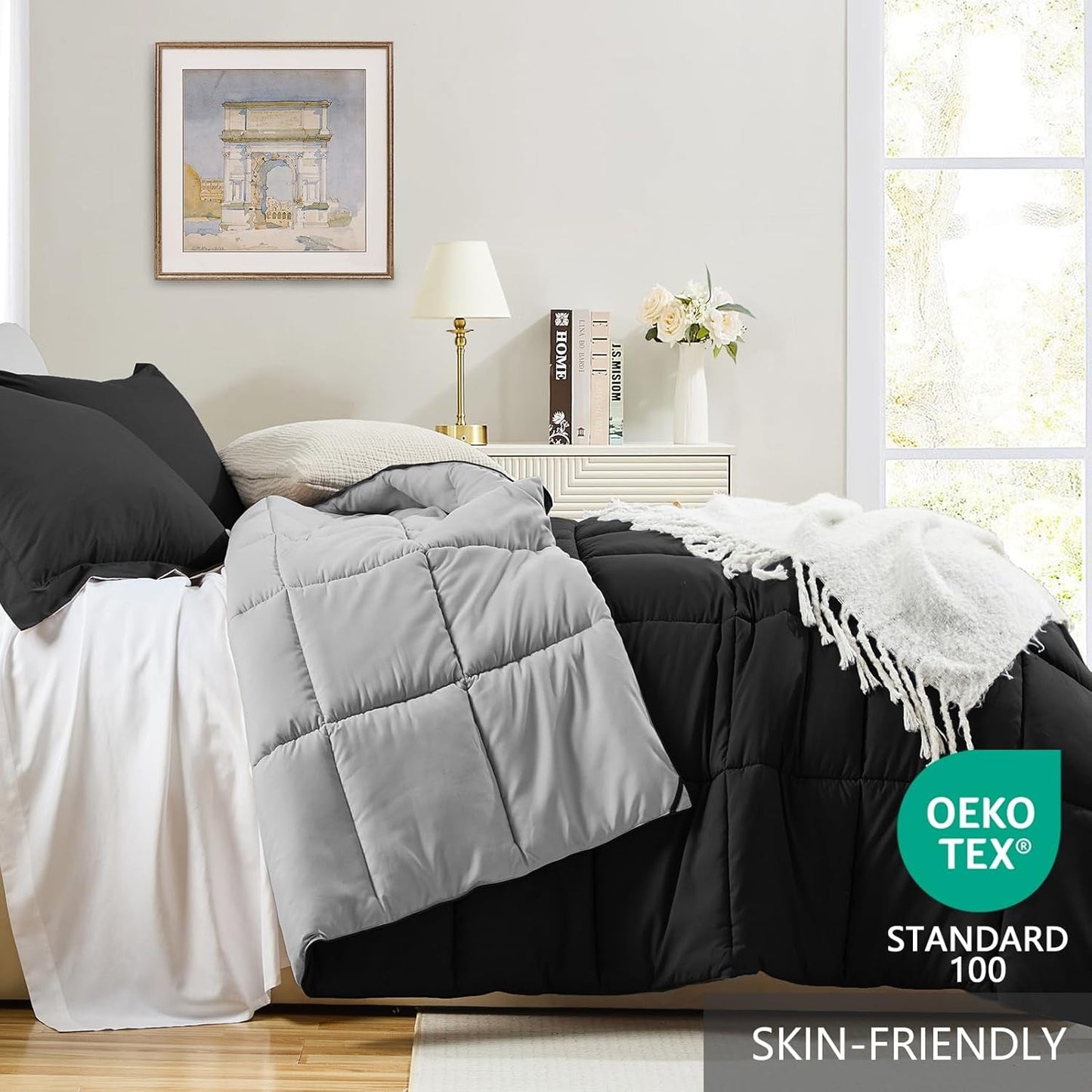 Homelike Moment King Size Comforter Set-Black, 3 Piece Sets with 2 Sham Black/Light Grey