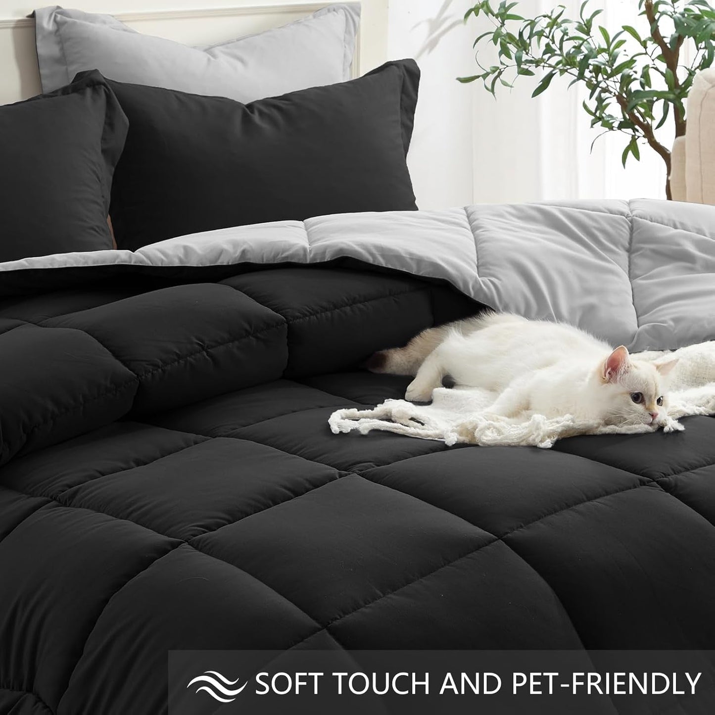 Homelike Moment King Size Comforter Set-Black, 3 Piece Sets with 2 Sham Black/Light Grey