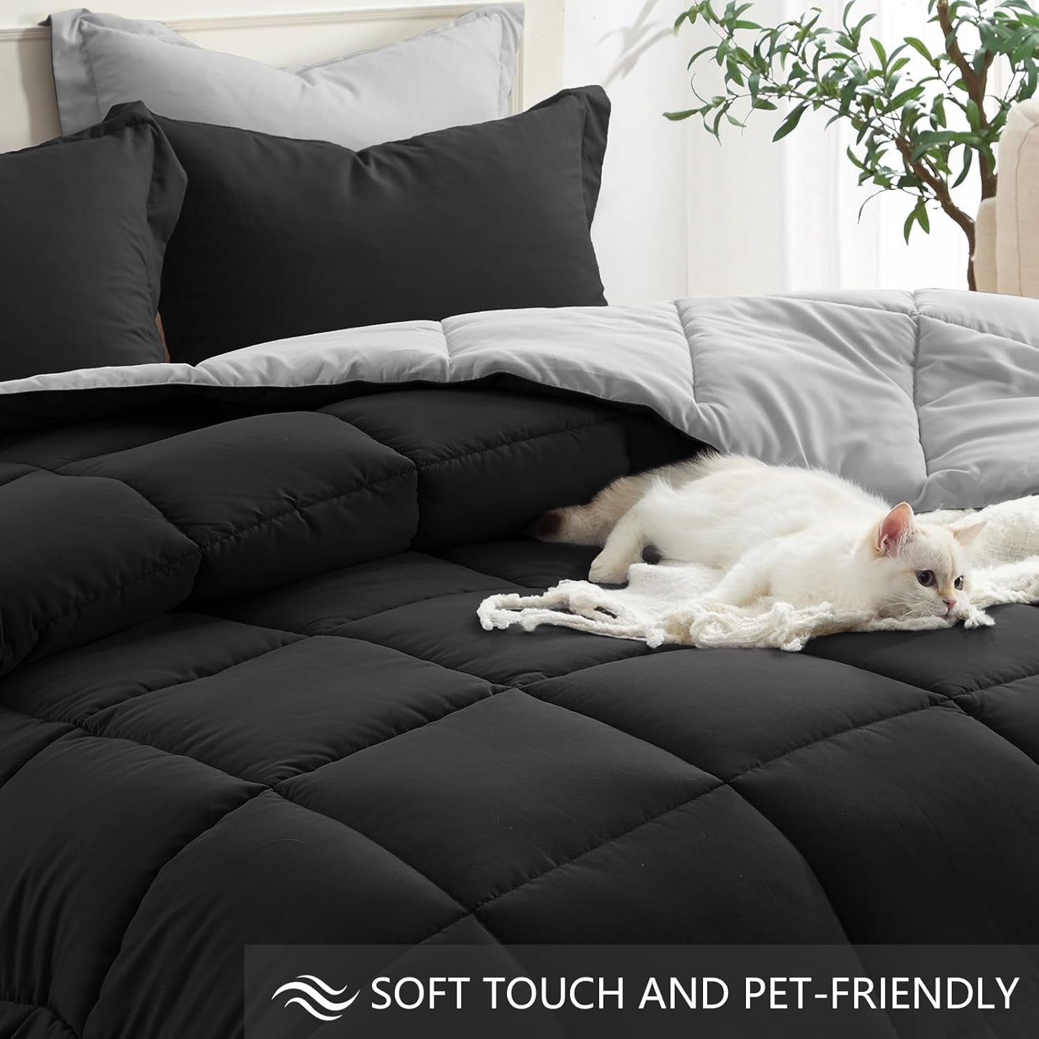 Homelike Moment King Size Comforter Set-Black, 3 Piece Sets with 2 Sham Black/Light Grey