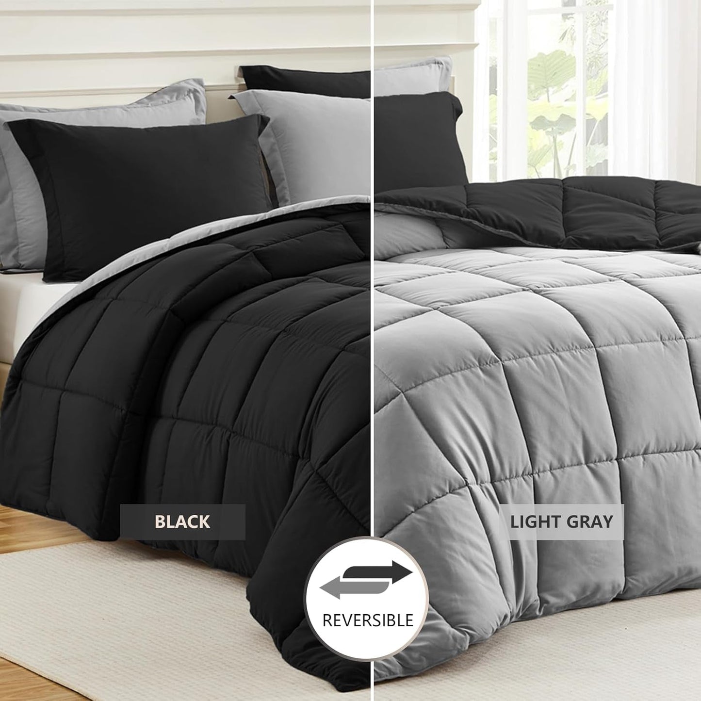 Homelike Moment King Size Comforter Set-Black, 3 Piece Sets with 2 Sham Black/Light Grey