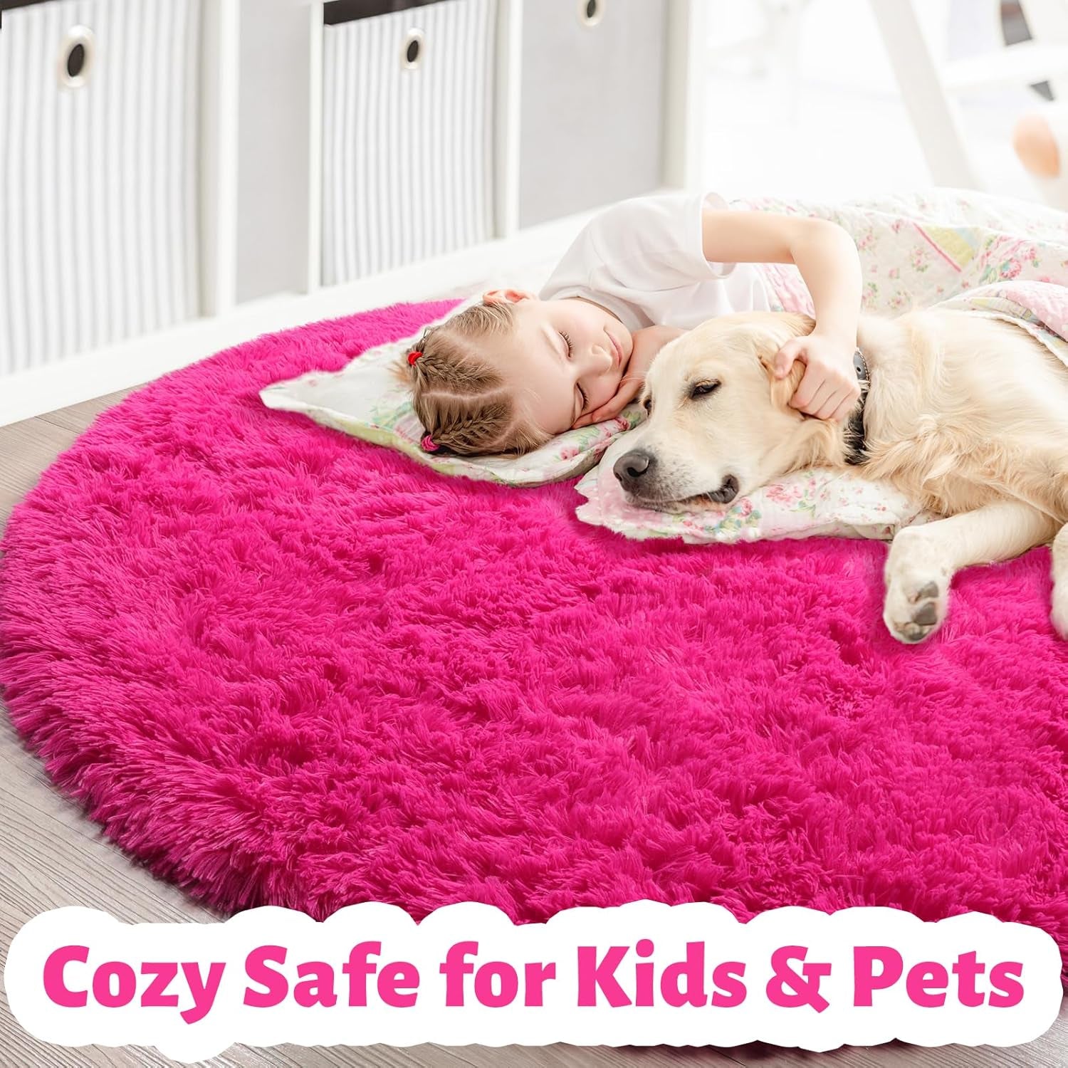Hot Pink round Rug 4Ft for Girls Bedroom, Fluffy Circle Area Rugs for Kids Room Decor Aesthetic, Shag Plush Fuzzy Furry Carpet for Living Room, Nursery, Dorm, Classroom, Teen, Cute Shaggy Baby Rug - Love All Things Home