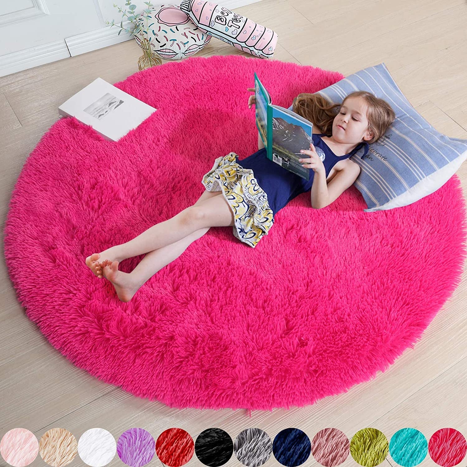 Hot Pink round Rug 4Ft for Girls Bedroom, Fluffy Circle Area Rugs for Kids Room Decor Aesthetic, Shag Plush Fuzzy Furry Carpet for Living Room, Nursery, Dorm, Classroom, Teen, Cute Shaggy Baby Rug - Love All Things Home