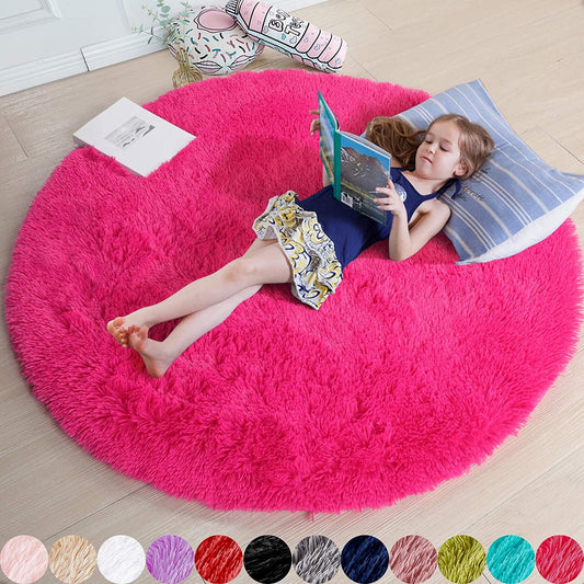 Hot Pink round Rug 4Ft for Girls Bedroom, Fluffy Circle Area Rugs for Kids Room Decor Aesthetic, Shag Plush Fuzzy Furry Carpet for Living Room, Nursery, Dorm, Classroom, Teen, Cute Shaggy Baby Rug - Love All Things Home