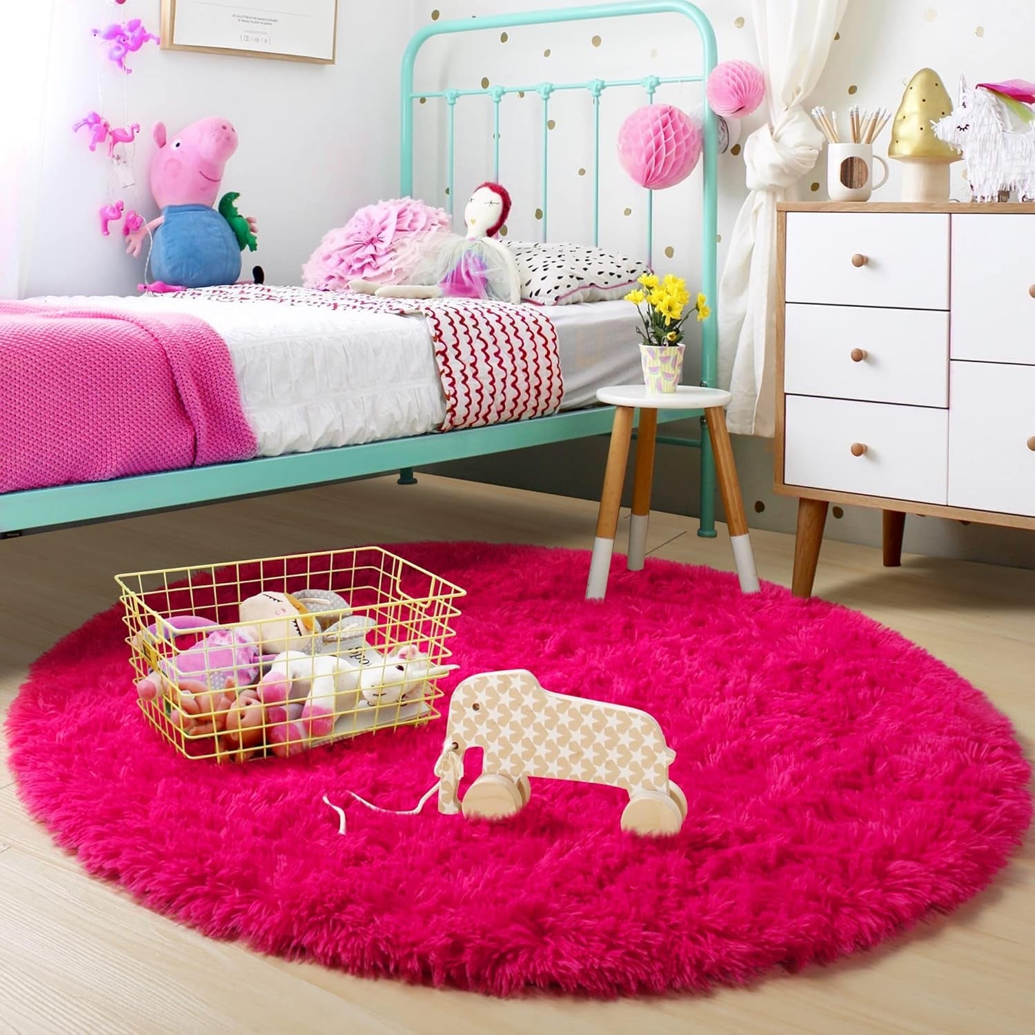 Hot Pink round Rug 4Ft for Girls Bedroom, Fluffy Circle Area Rugs for Kids Room Decor Aesthetic, Shag Plush Fuzzy Furry Carpet for Living Room, Nursery, Dorm, Classroom, Teen, Cute Shaggy Baby Rug - Love All Things Home