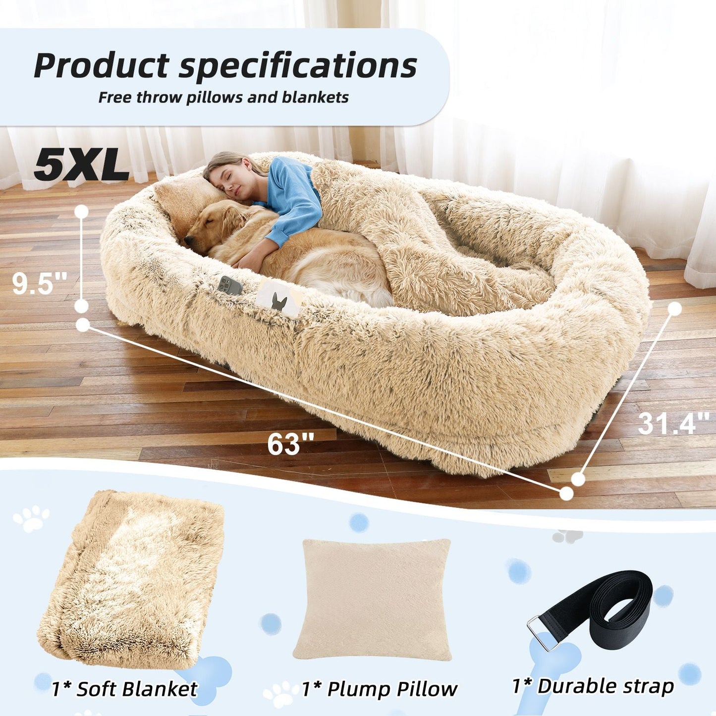 Human Dog Bed, Large Size Fits You and Pets, Washable Faux Fur Dog Bed for People Doze Off, Napping Orthopedic Dog Bed, Present Plump Pillow, Blanket, Strap - Love All Things Home
