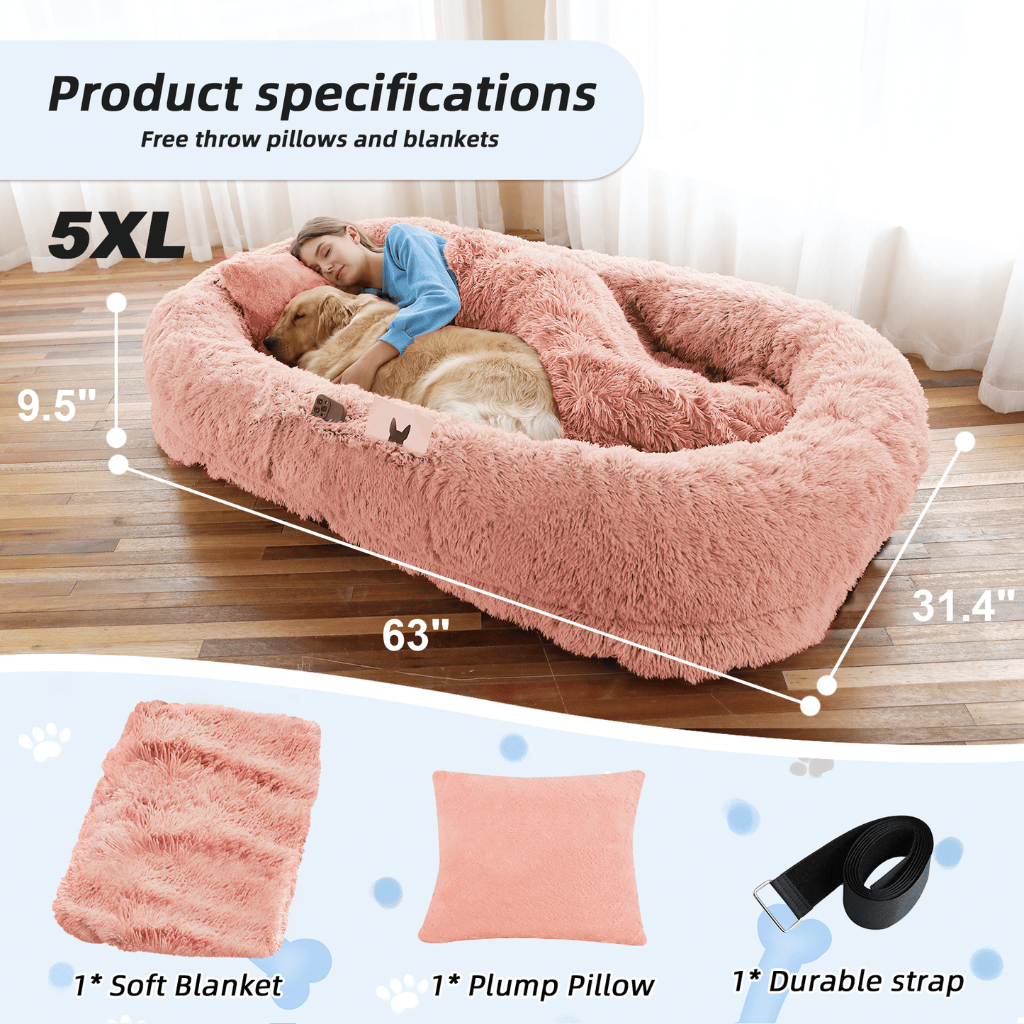Human Dog Bed, Large Size Fits You and Pets, Washable Faux Fur Dog Bed for People Doze Off, Napping Orthopedic Dog Bed, Present Plump Pillow, Blanket, Strap - Love All Things Home
