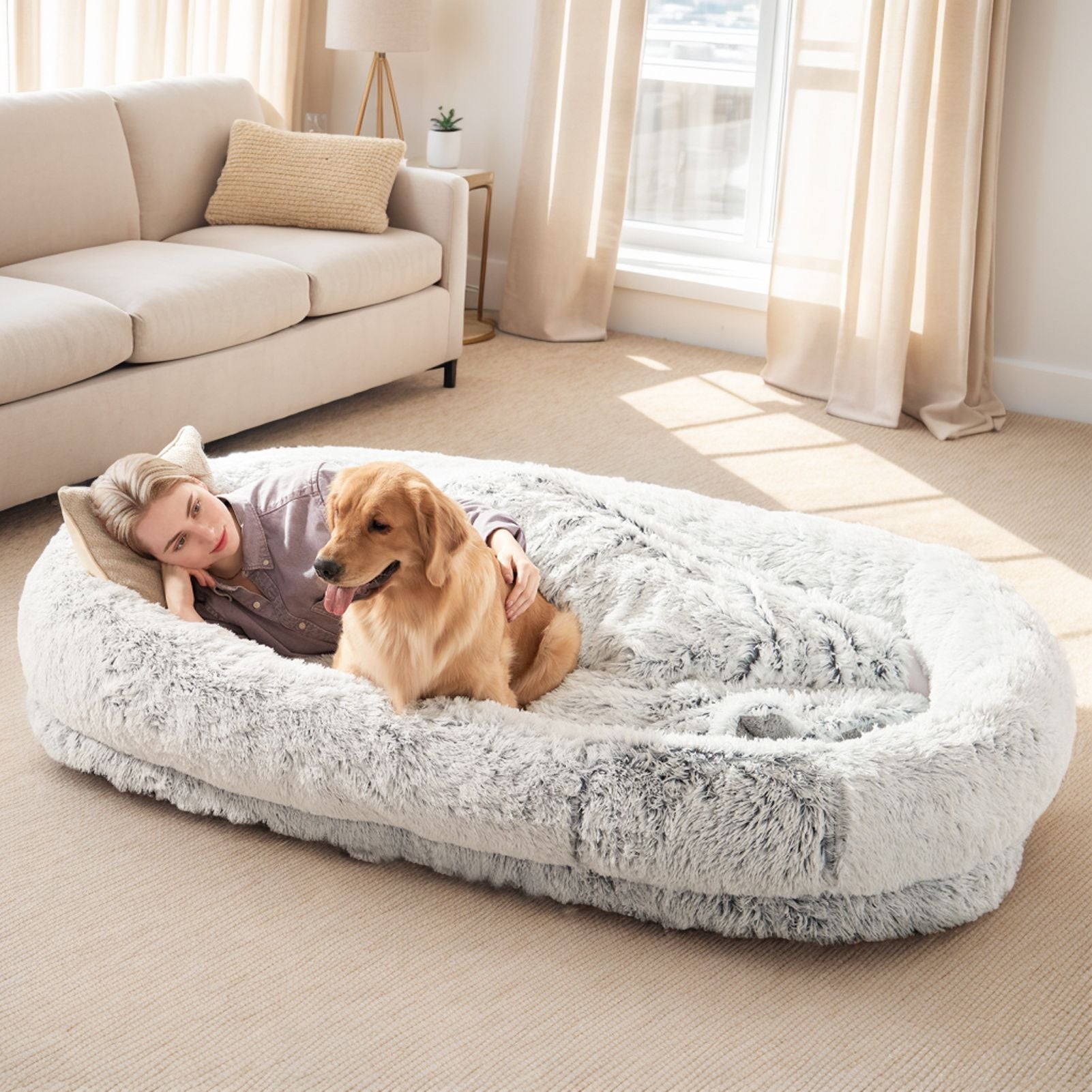 Human Dog Bed, Large Size Fits You and Pets, Washable Faux Fur Dog Bed for People Doze Off, Napping Orthopedic Dog Bed, Present Plump Pillow, Blanket, Strap - Love All Things Home
