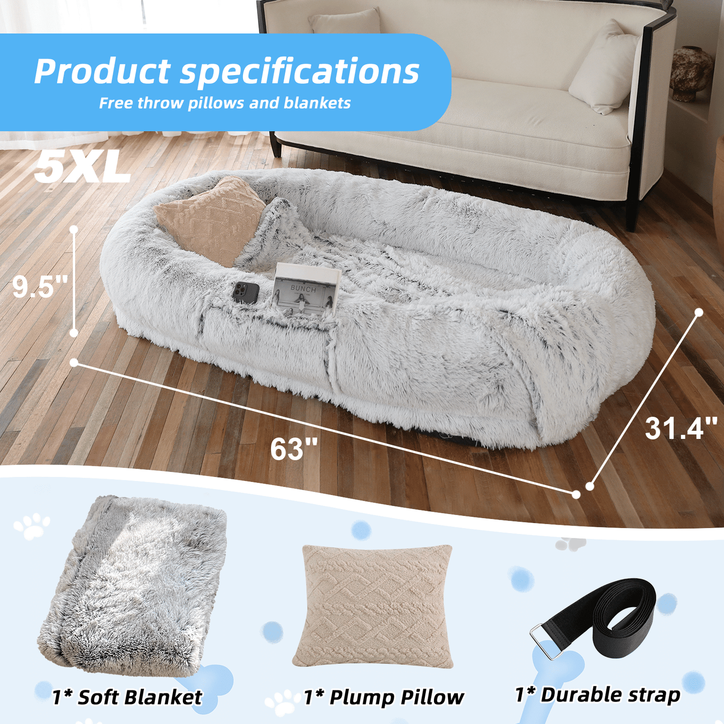 Human Dog Bed, Large Size Fits You and Pets, Washable Faux Fur Dog Bed for People Doze Off, Napping Orthopedic Dog Bed, Present Plump Pillow, Blanket, Strap - Love All Things Home