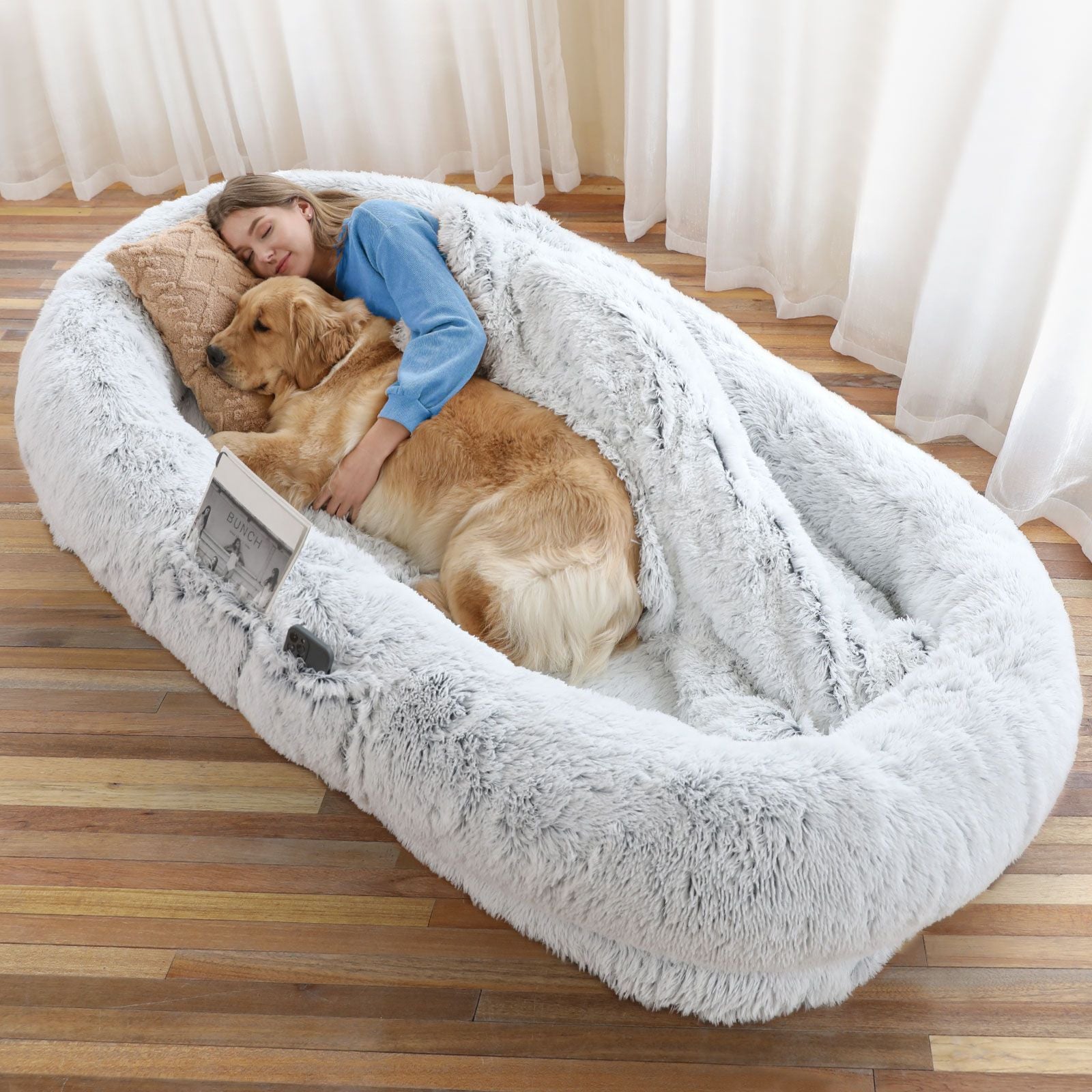 Human Dog Bed, Large Size Fits You and Pets, Washable Faux Fur Dog Bed for People Doze Off, Napping Orthopedic Dog Bed, Present Plump Pillow, Blanket, Strap - Love All Things Home