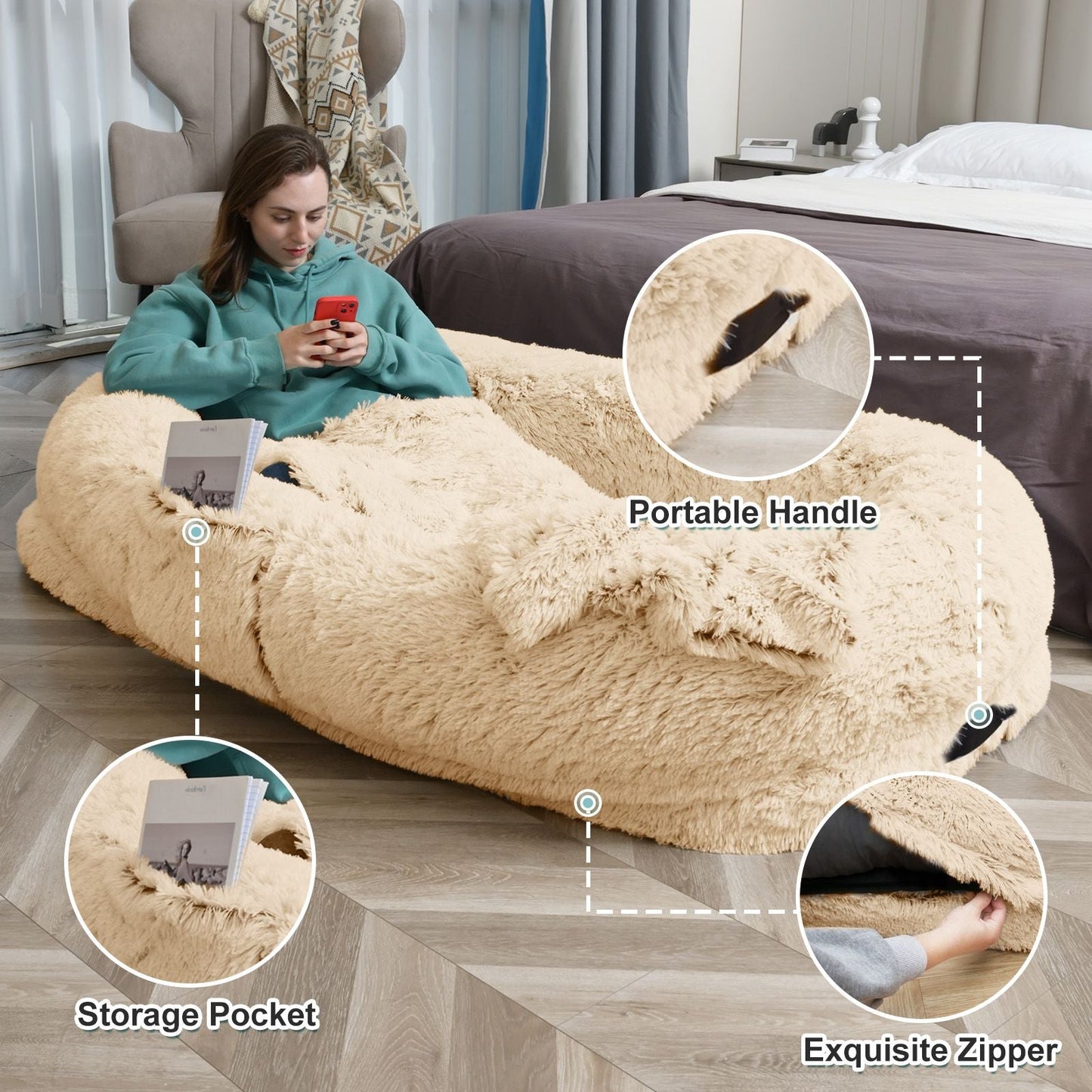 Human Dog Bed, Large Size Fits You and Pets, Washable Faux Fur Dog Bed for People Doze Off, Napping Orthopedic Dog Bed, Present Plump Pillow, Blanket, Strap - Love All Things Home