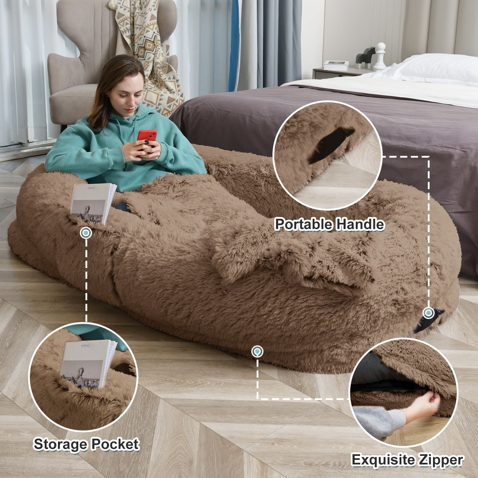 Human Dog Bed, Large Size Fits You and Pets, Washable Faux Fur Dog Bed for People Doze Off, Napping Orthopedic Dog Bed, Present Plump Pillow, Blanket, Strap - Love All Things Home