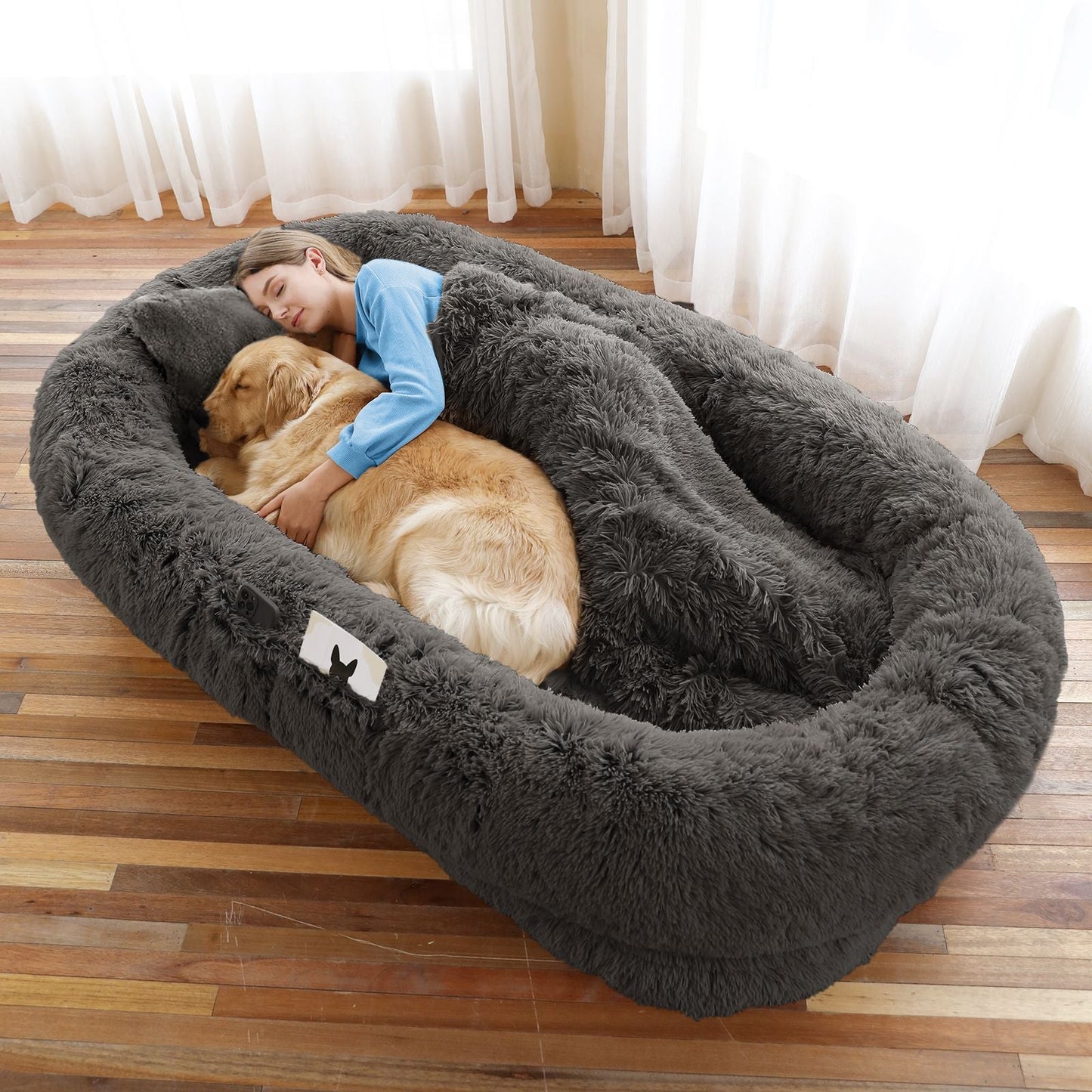Human Dog Bed, Large Size Fits You and Pets, Washable Faux Fur Dog Bed for People Doze Off, Napping Orthopedic Dog Bed, Present Plump Pillow, Blanket, Strap - Love All Things Home