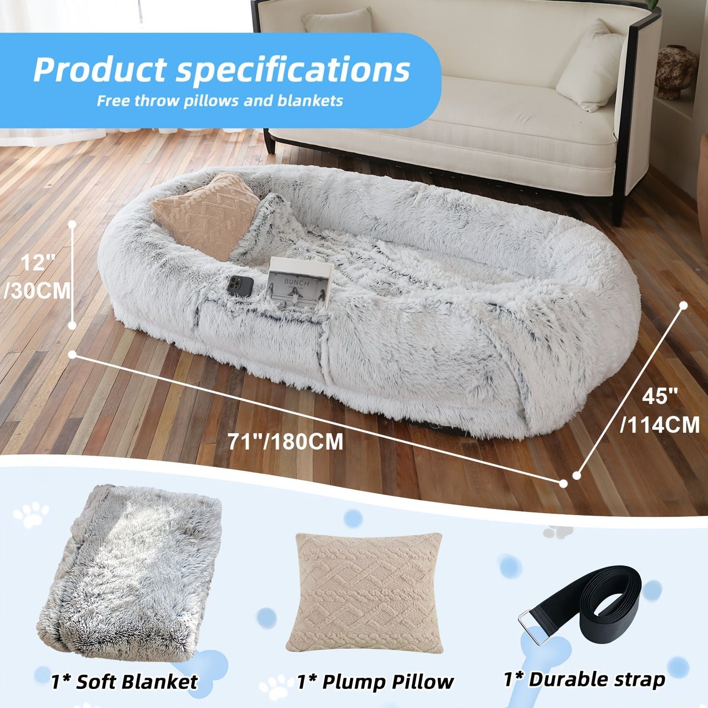 Human Dog Bed, Large Size Fits You and Pets, Washable Faux Fur Dog Bed for People Doze Off, Napping Orthopedic Dog Bed, Present Plump Pillow, Blanket, Strap - Love All Things Home