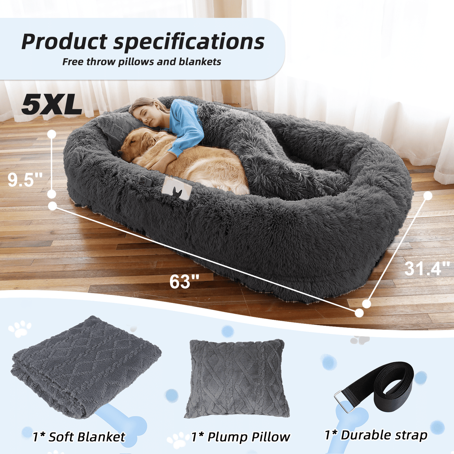 Human Dog Bed, Large Size Fits You and Pets, Washable Faux Fur Dog Bed for People Doze Off, Napping Orthopedic Dog Bed, Present Plump Pillow, Blanket, Strap - Love All Things Home