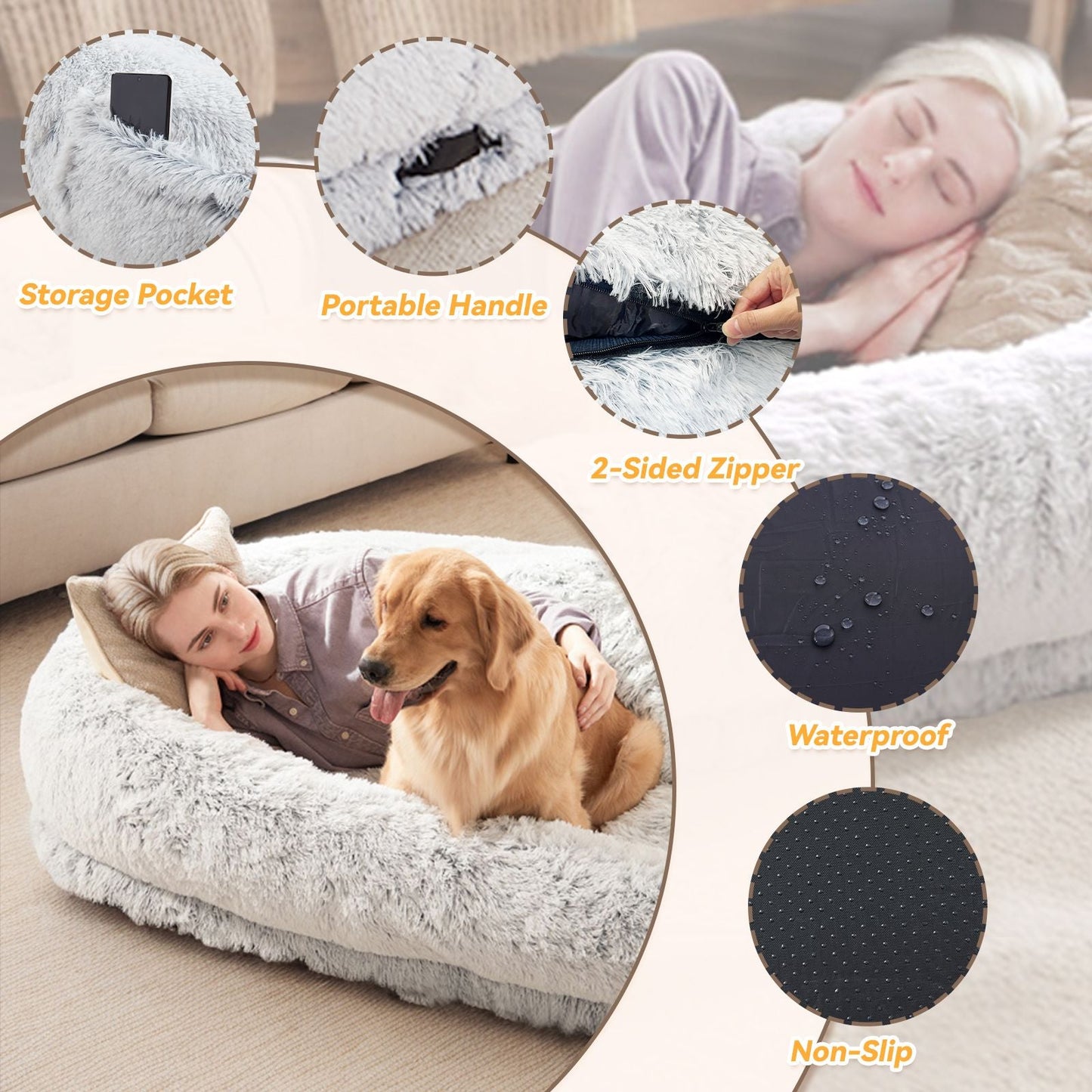 Human Dog Bed, Large Size Fits You and Pets, Washable Faux Fur Dog Bed for People Doze Off, Napping Orthopedic Dog Bed, Present Plump Pillow, Blanket, Strap - Love All Things Home