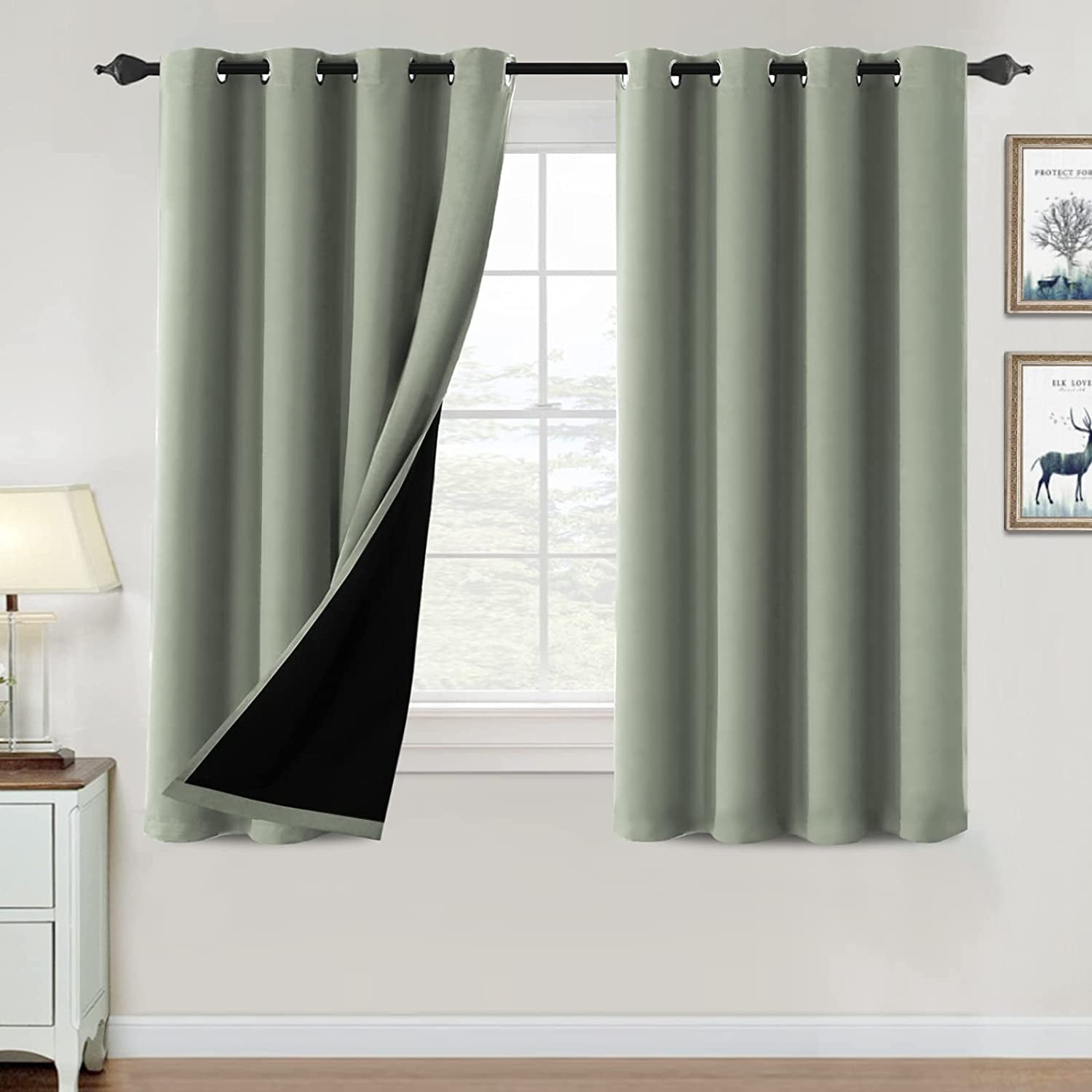 H.VERSAILTEX 100% Blackout Curtains for Bedroom Thermal Insulated Blackout Curtains 54 Inch Length Heat and Full Light Blocking Curtains for Living Room with Black Liner 2 Panels Set, Light Sage - Love All Things Home