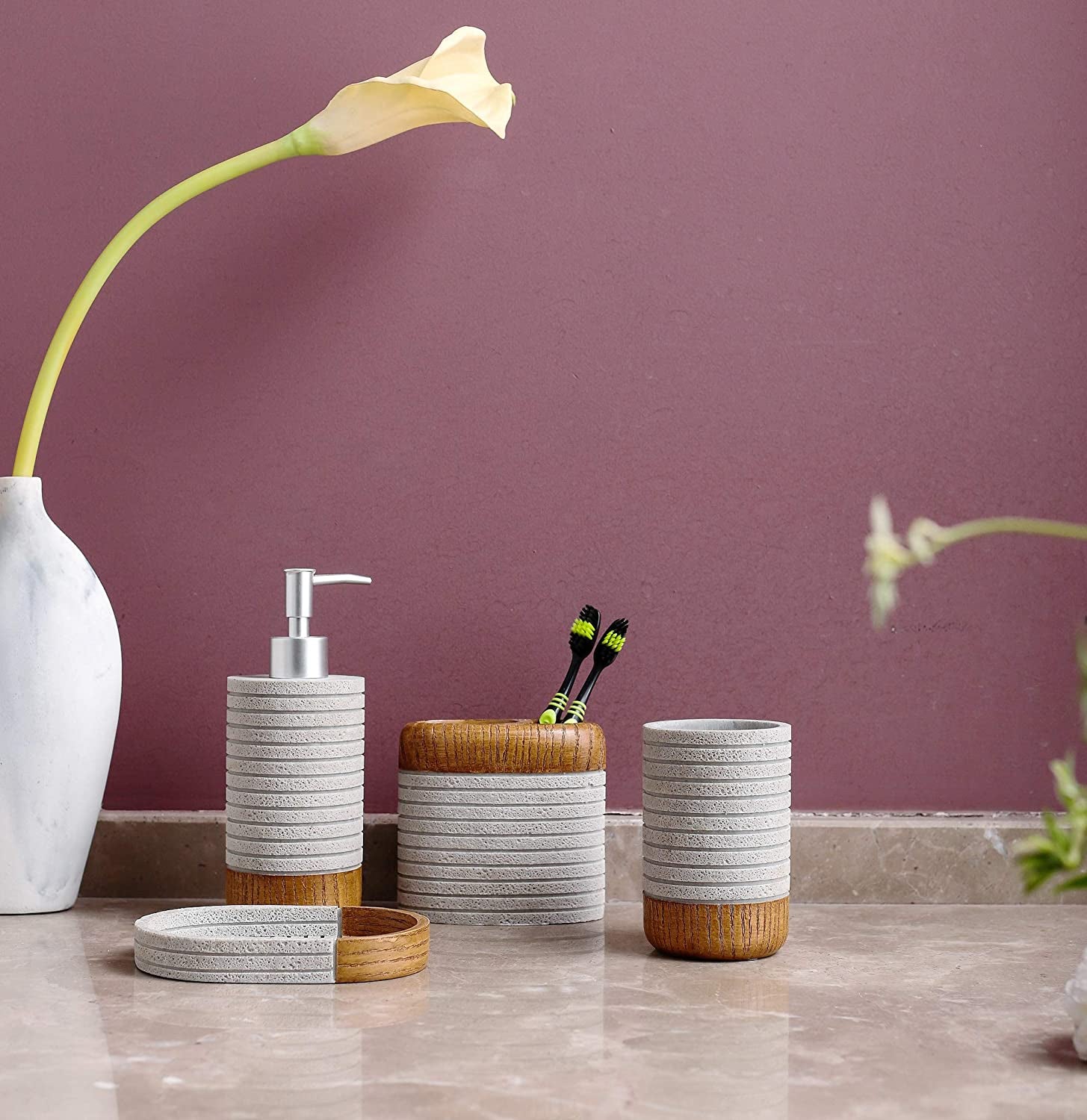 Hymmah Bathroom Accessories Set,Toothbrush Holder,Farmhouse Bathroom Decor,4 Pcs Resin Gift Set Apartment Necessities, Contain Toothbrush Cup,Soap Dispenser,Soap Dish,Tumbler - Love All Things Home