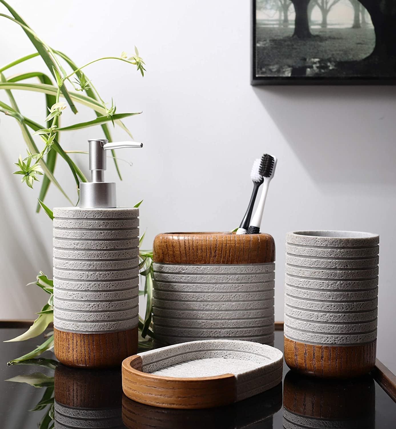 Hymmah Bathroom Accessories Set,Toothbrush Holder,Farmhouse Bathroom Decor,4 Pcs Resin Gift Set Apartment Necessities, Contain Toothbrush Cup,Soap Dispenser,Soap Dish,Tumbler - Love All Things Home