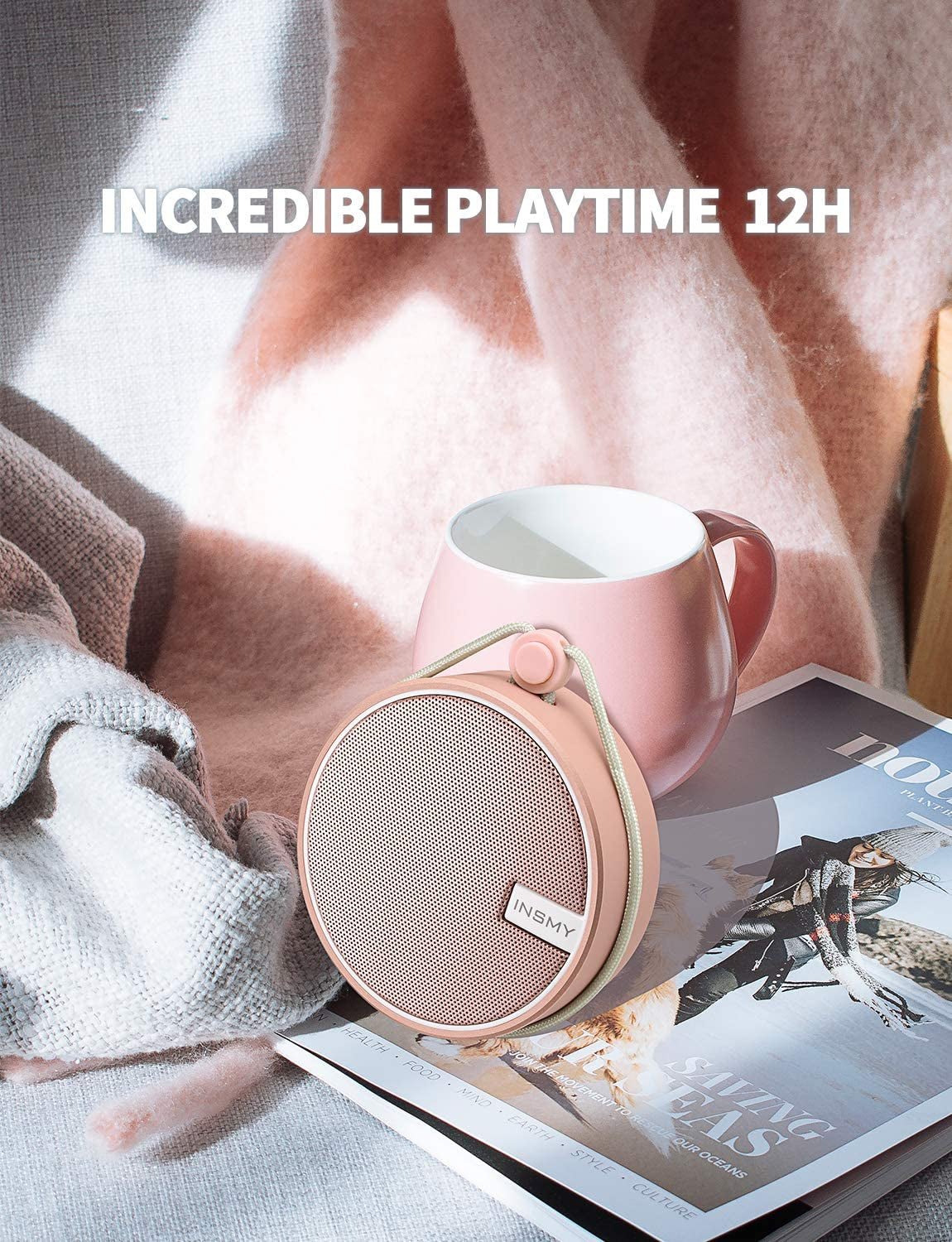 INSMY Waterproof Shower Bluetooth Speaker, Portable Small Speaker, Speakers Bluetooth Wireless Loud Clear Sound Support TF Card Suction Cup for Outdoor Kayak Canoe Beach Gift (Cashmere Pink) C12 IPX7 - Love All Things Home