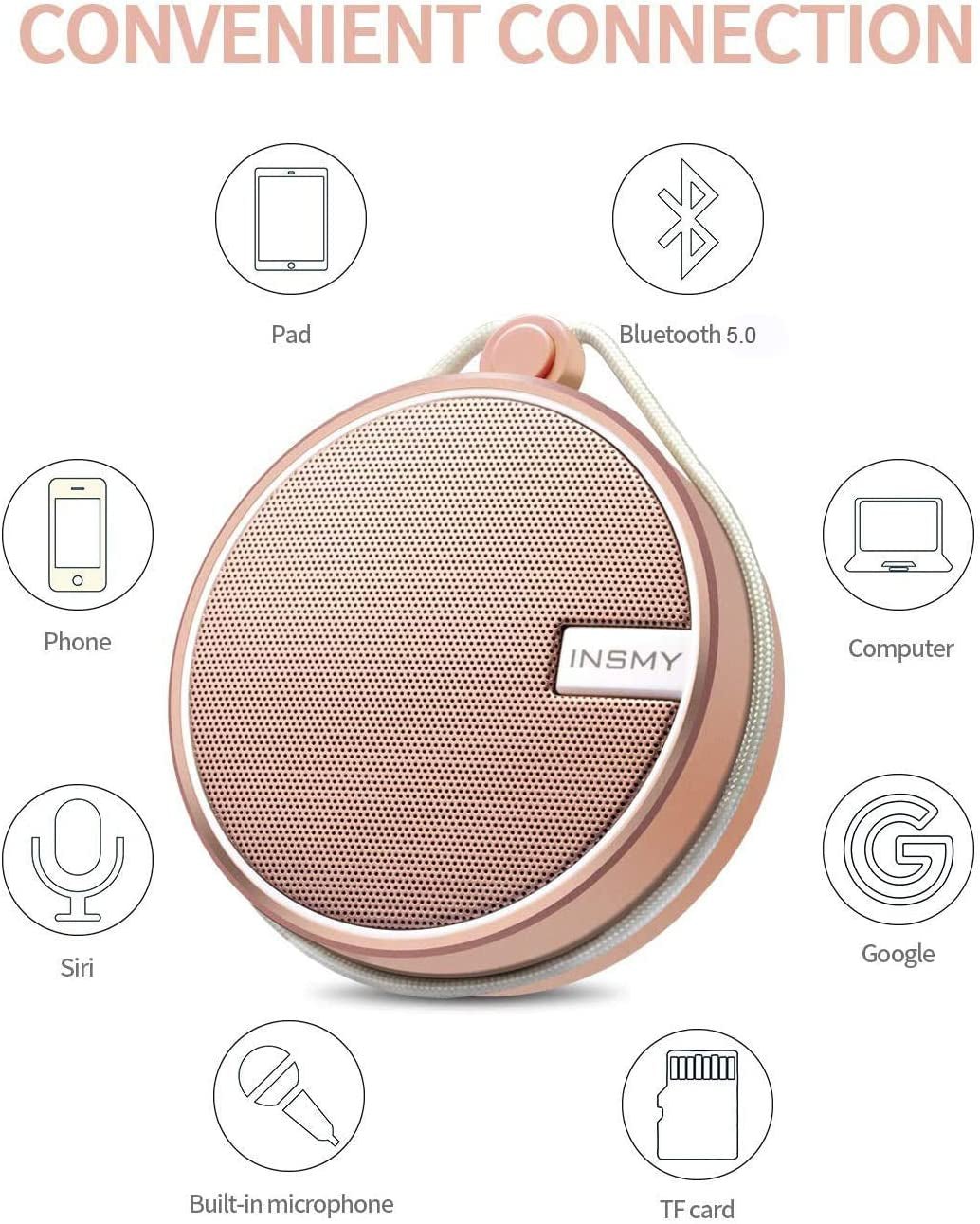 INSMY Waterproof Shower Bluetooth Speaker, Portable Small Speaker, Speakers Bluetooth Wireless Loud Clear Sound Support TF Card Suction Cup for Outdoor Kayak Canoe Beach Gift (Cashmere Pink) C12 IPX7 - Love All Things Home
