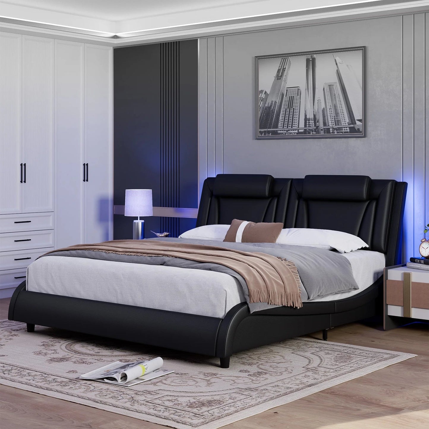 King Size LED Bed Frame, PU Leather Upholstered Curved Platform Bed Frame, Black - Love All Things Home