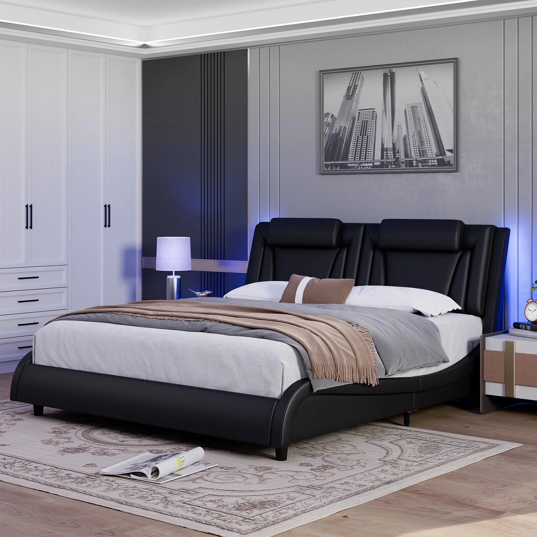 King Size LED Bed Frame, PU Leather Upholstered Curved Platform Bed Frame, Black - Love All Things Home