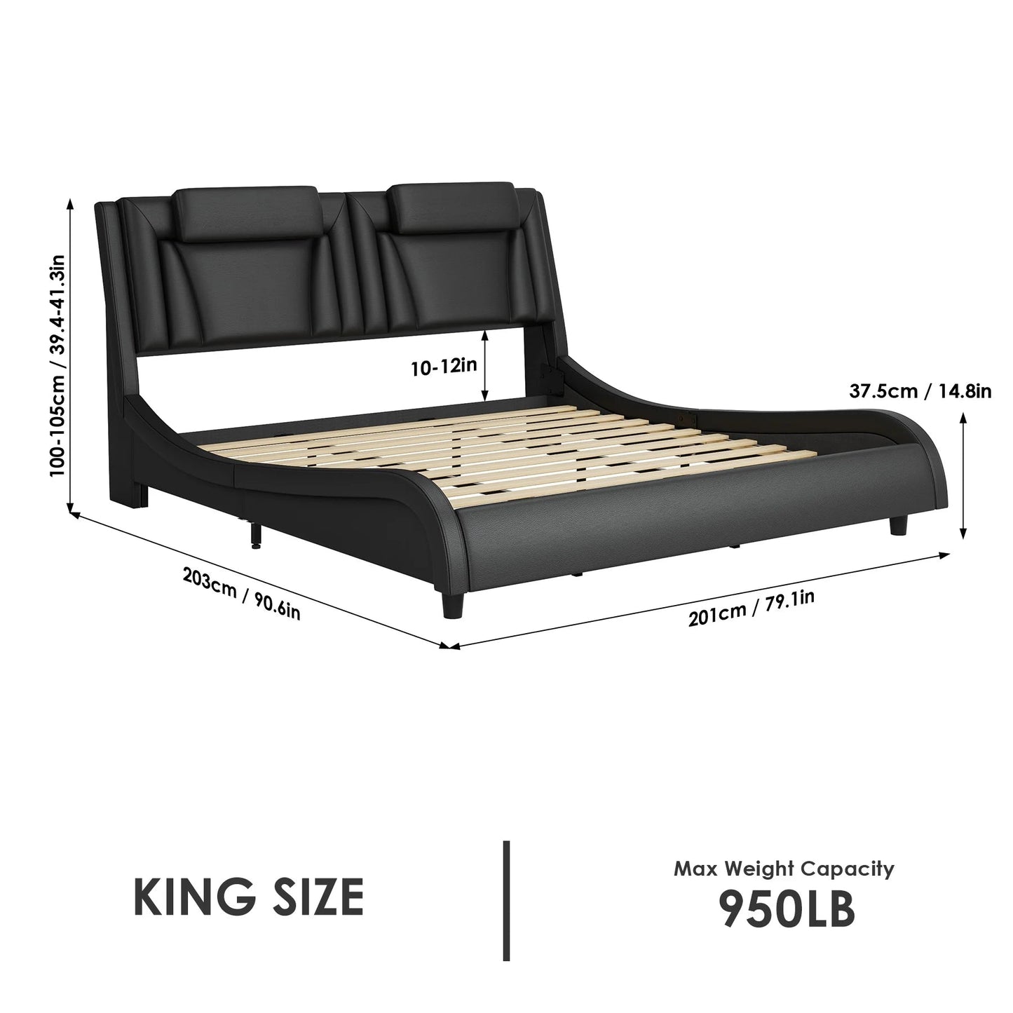 King Size LED Bed Frame, PU Leather Upholstered Curved Platform Bed Frame, Black - Love All Things Home